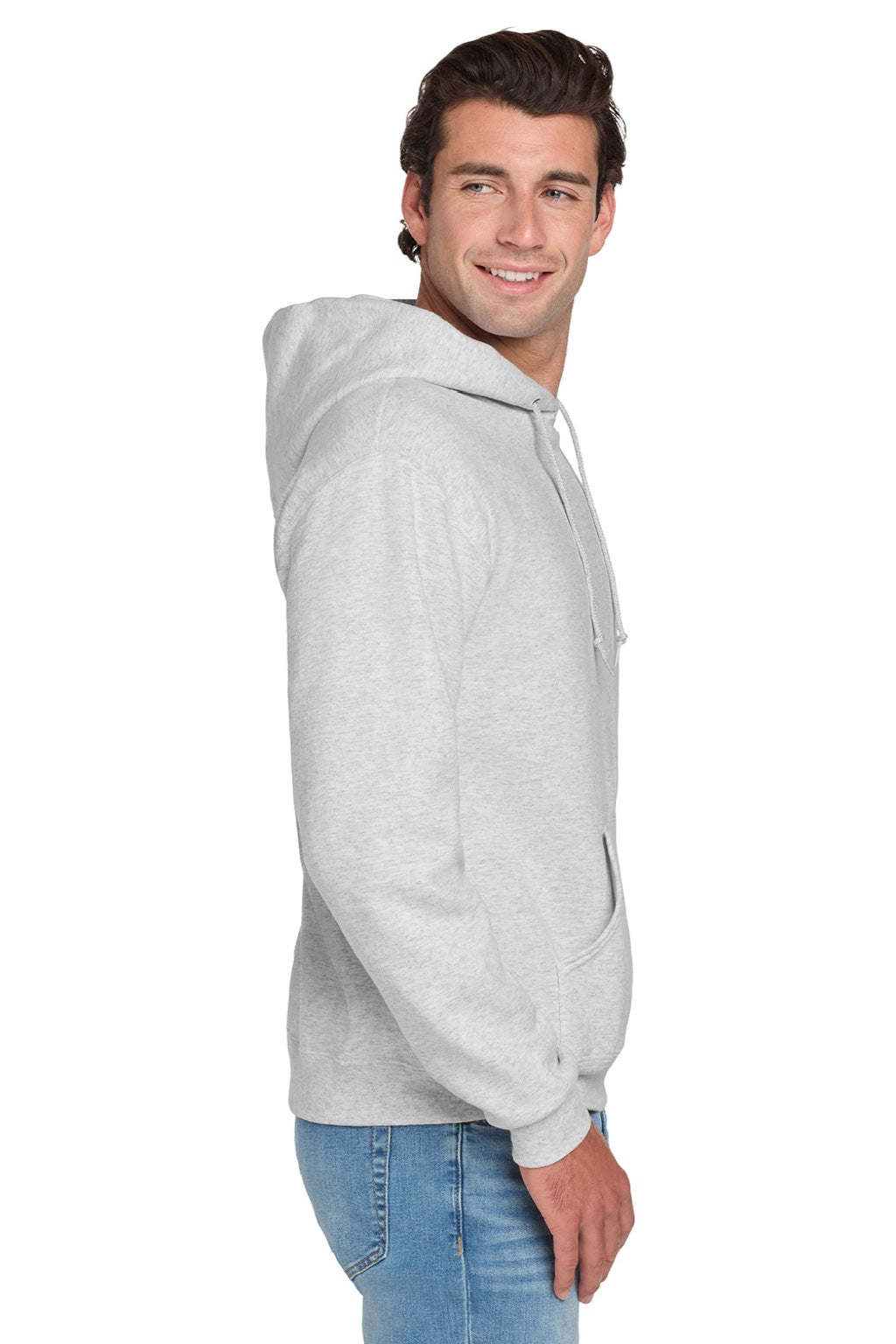 Jerzees 996M/996MR Mens NuBlend Pill Resistant Fleece Hooded Sweatshirt Hoodie w/ Pouch Pocket Ash Grey Model Side