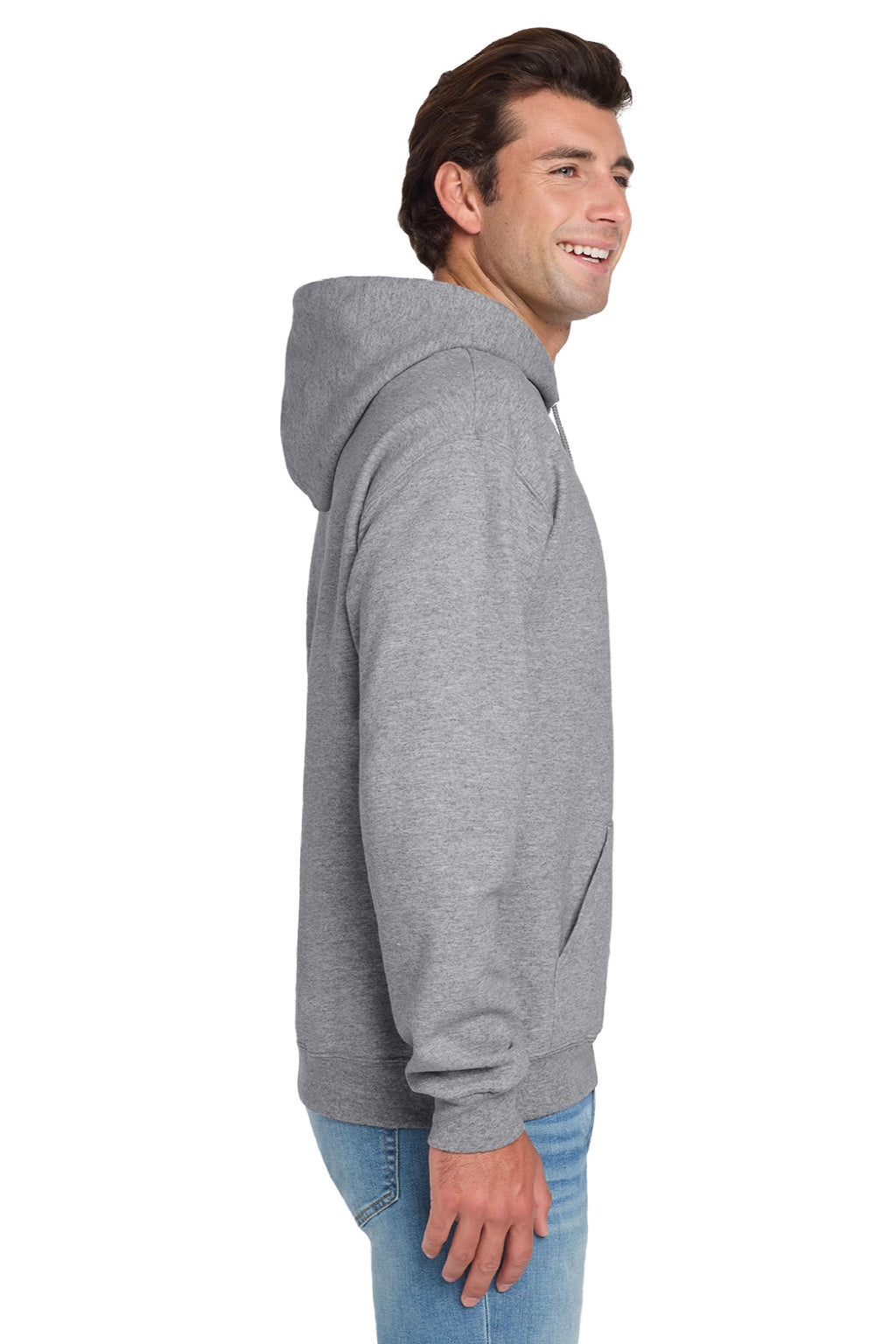 Jerzees 996M/996MR Mens NuBlend Pill Resistant Fleece Hooded Sweatshirt Hoodie w/ Pouch Pocket Heather Grey Model Side
