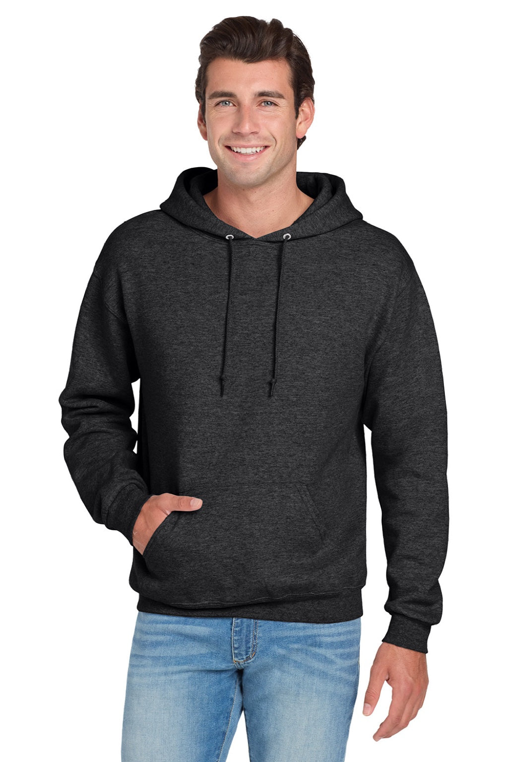Jerzees 996M/996MR Mens NuBlend Pill Resistant Fleece Hooded Sweatshirt Hoodie w/ Pouch Pocket Heather Black Model Front
