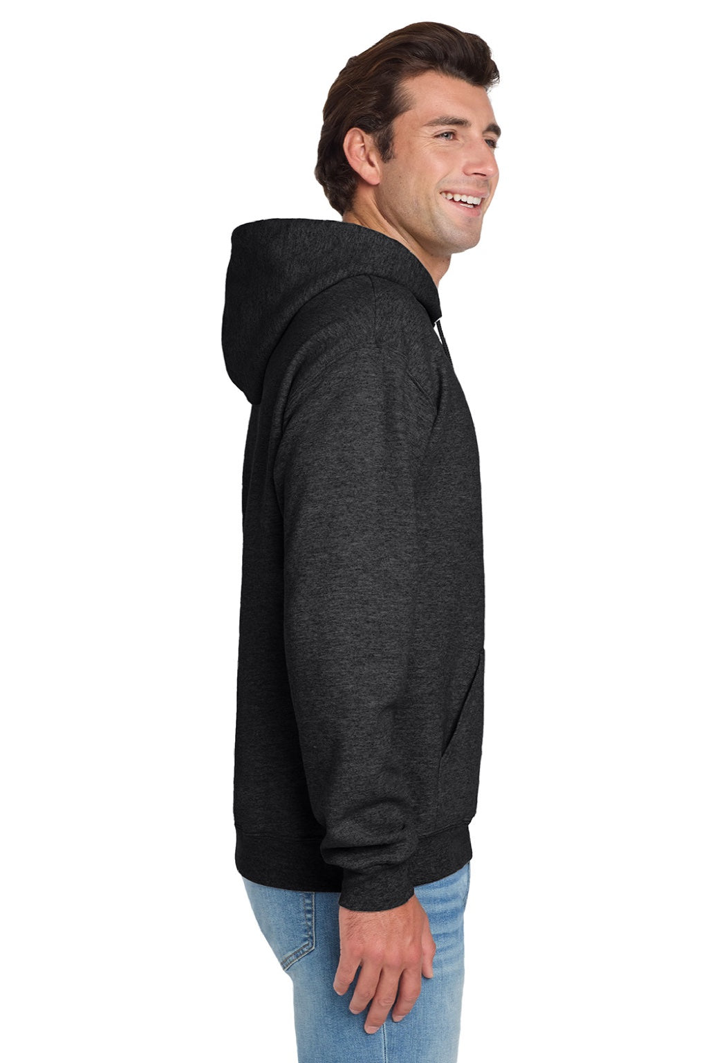 Jerzees 996M/996MR Mens NuBlend Pill Resistant Fleece Hooded Sweatshirt Hoodie w/ Pouch Pocket Heather Black Model Side