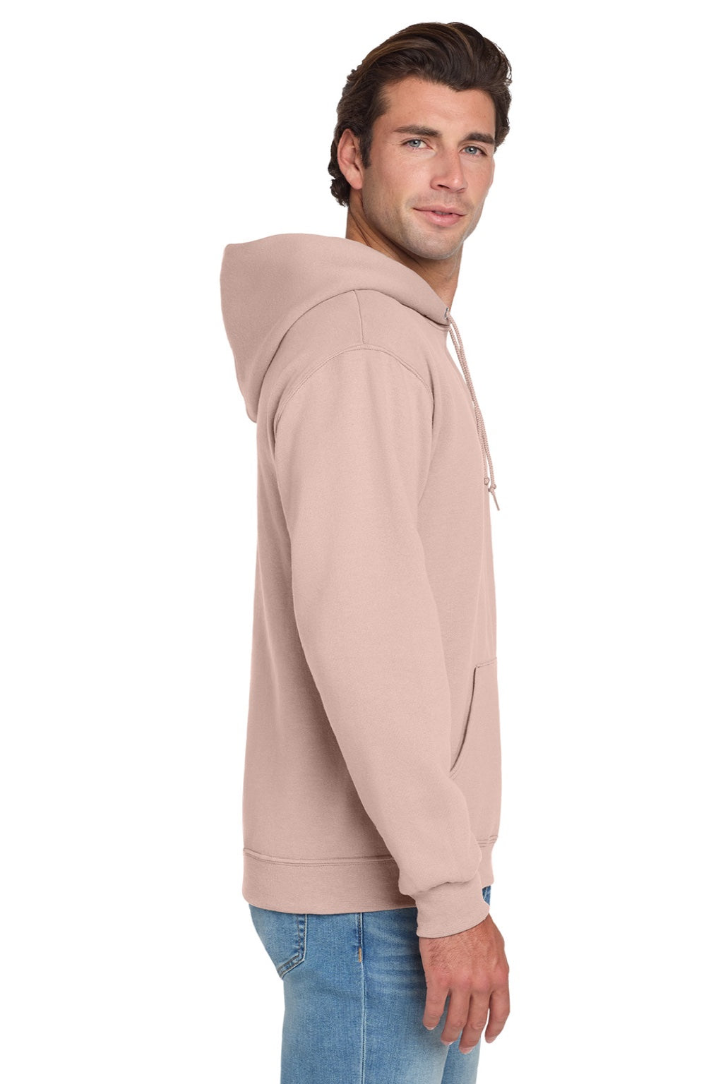 Jerzees 996M/996MR Mens NuBlend Pill Resistant Fleece Hooded Sweatshirt Hoodie w/ Pouch Pocket Blush Pink Model Side