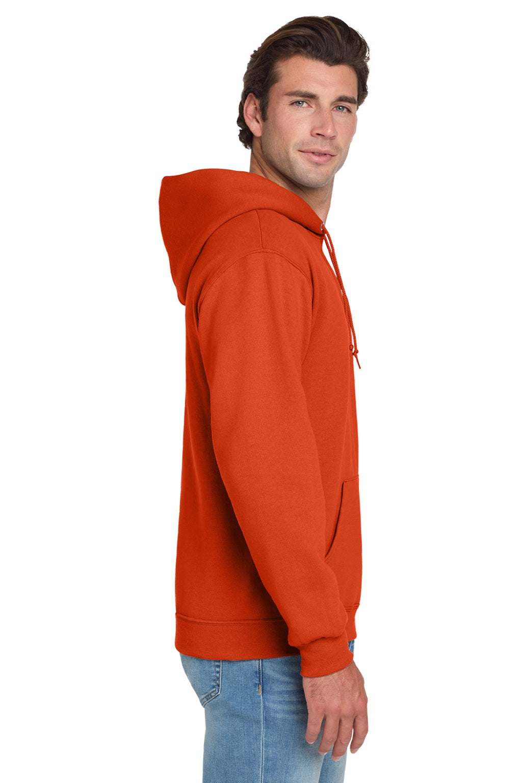 Jerzees 996M/996MR Mens NuBlend Pill Resistant Fleece Hooded Sweatshirt Hoodie w/ Pouch Pocket Burnt Orange Model Side