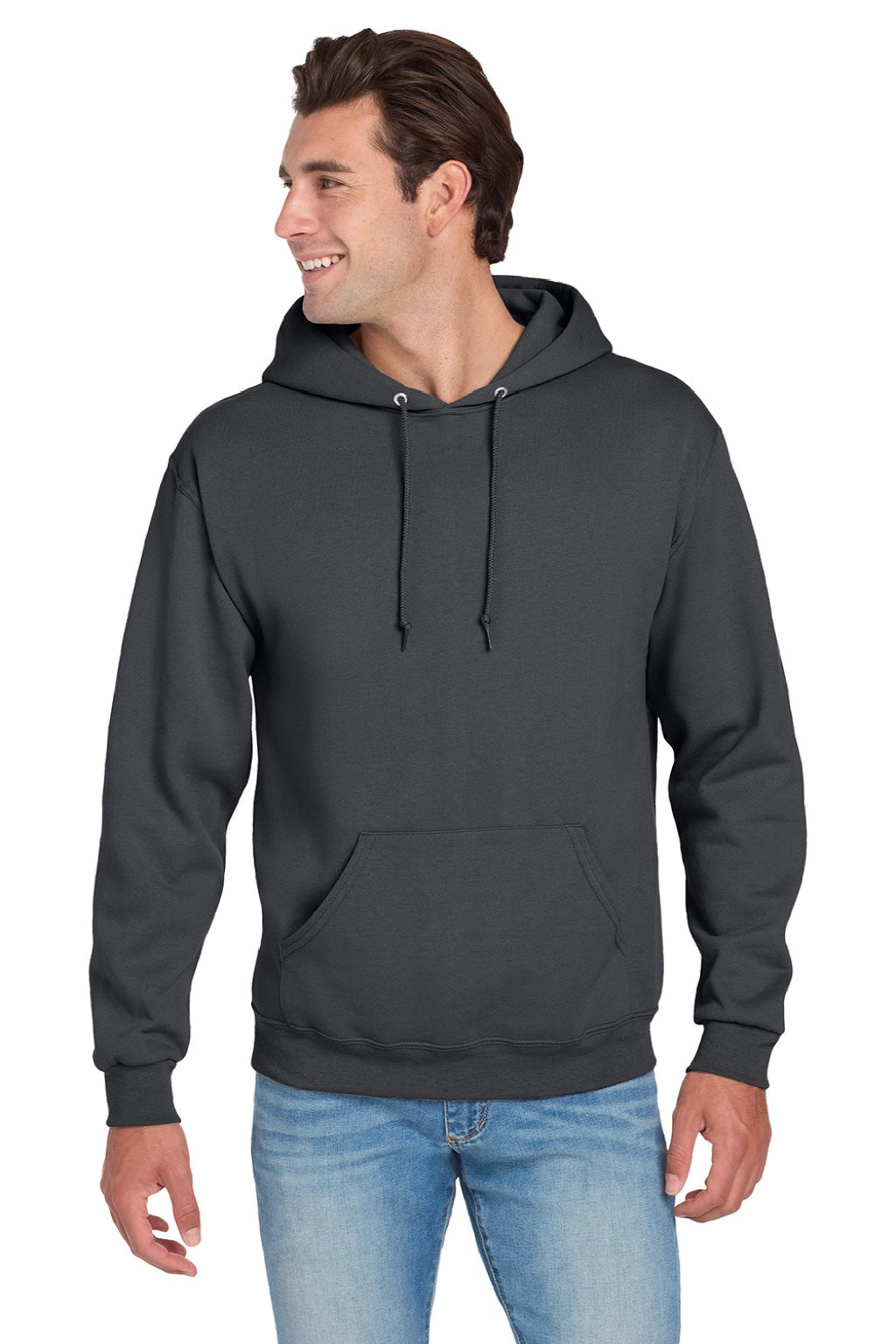 Jerzees 996M/996MR Mens NuBlend Pill Resistant Fleece Hooded Sweatshirt Hoodie w/ Pouch Pocket Charcoal Grey Model Front