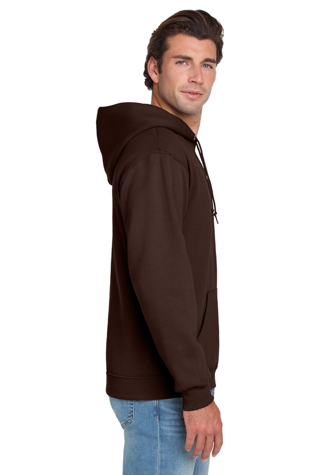 Jerzees 996M/996MR Mens NuBlend Pill Resistant Fleece Hooded Sweatshirt Hoodie w/ Pouch Pocket Chocolate Brown Model Side