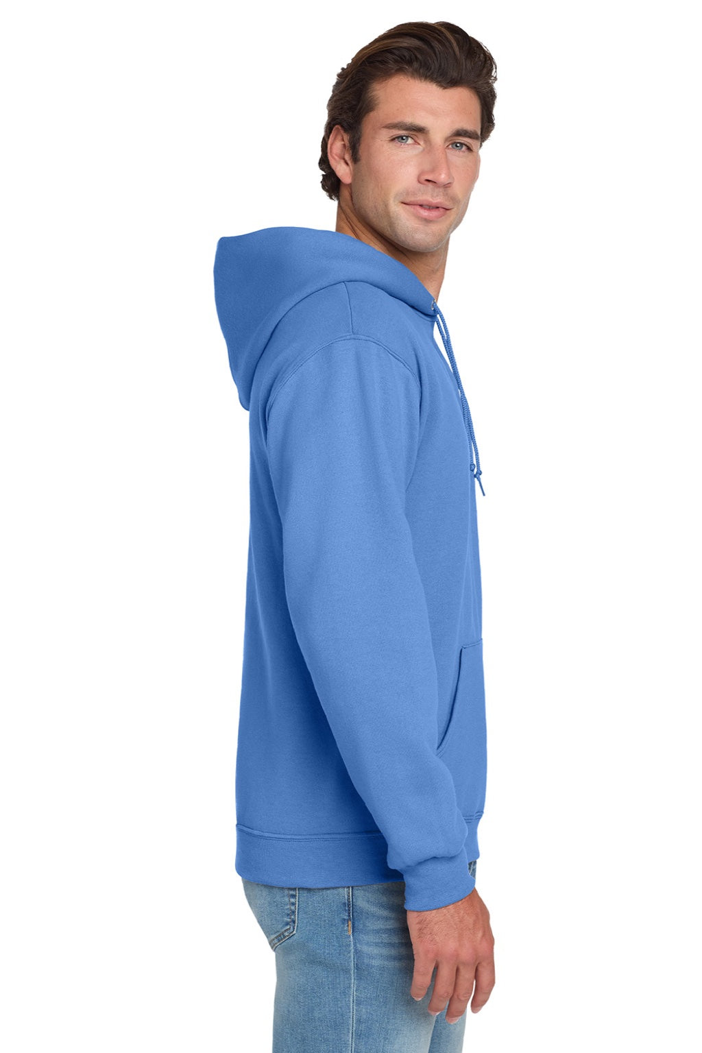 Jerzees 996M/996MR Mens NuBlend Pill Resistant Fleece Hooded Sweatshirt Hoodie w/ Pouch Pocket Columbia Blue Model Side