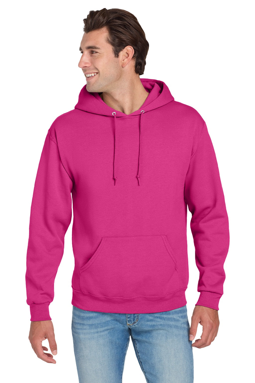 Jerzees 996M/996MR Mens NuBlend Pill Resistant Fleece Hooded Sweatshirt Hoodie w/ Pouch Pocket Cyber Pink Model Front