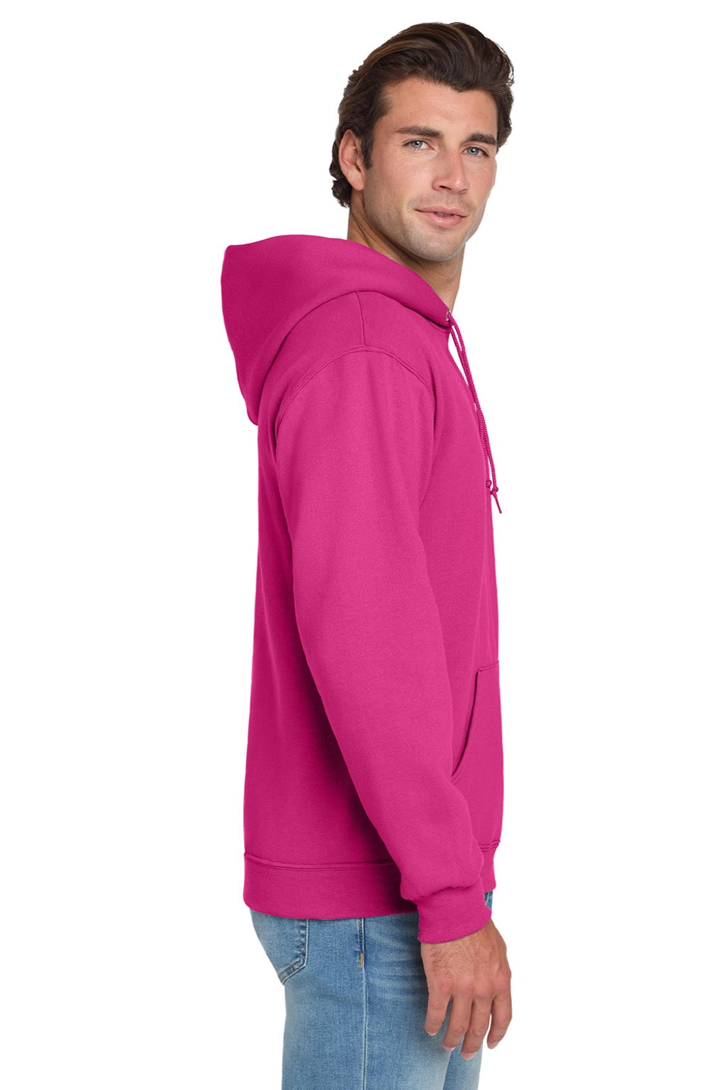 Jerzees 996M/996MR Mens NuBlend Pill Resistant Fleece Hooded Sweatshirt Hoodie w/ Pouch Pocket Cyber Pink Model Side