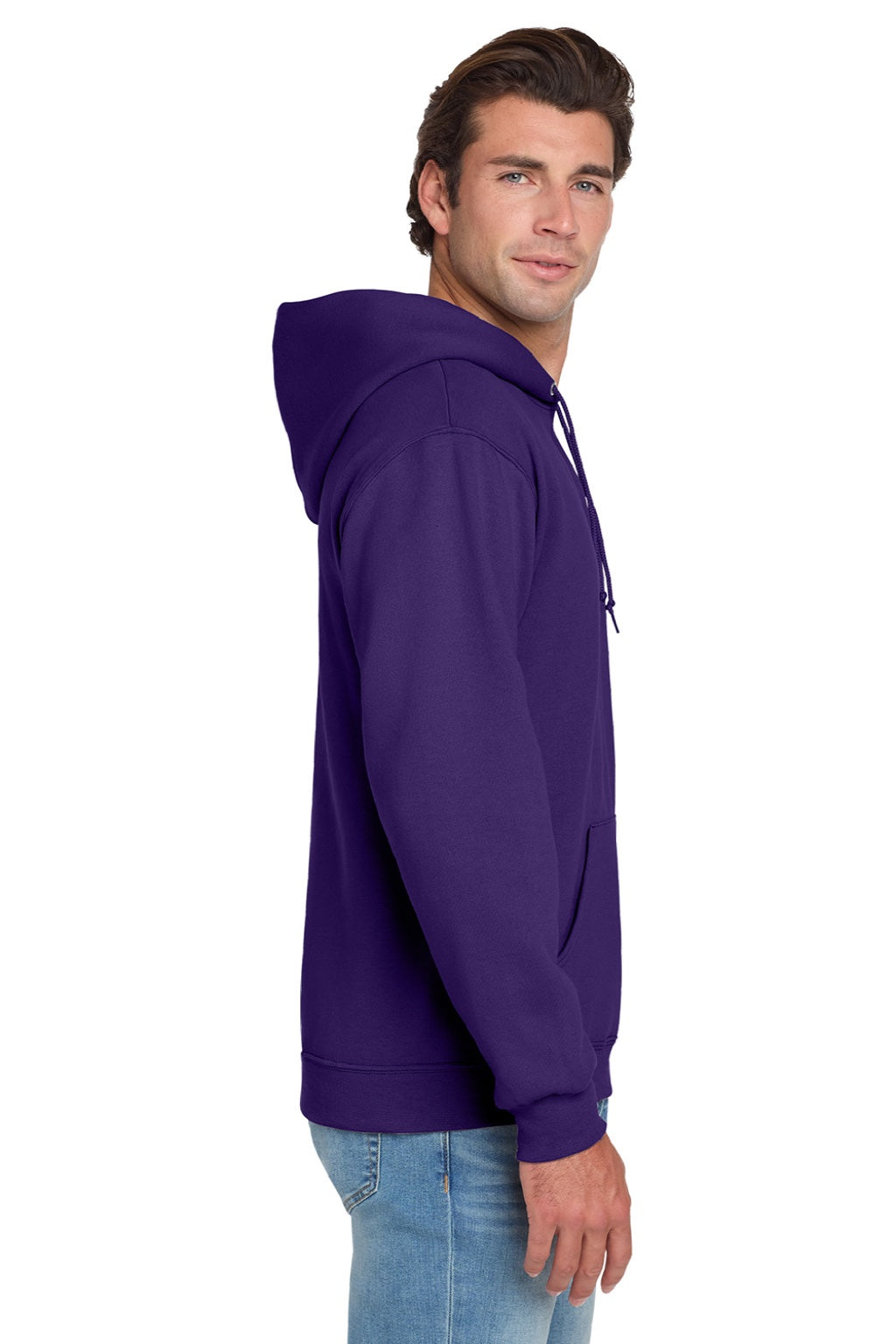 Jerzees 996M/996MR Mens NuBlend Pill Resistant Fleece Hooded Sweatshirt Hoodie w/ Pouch Pocket Deep Purple Model Side