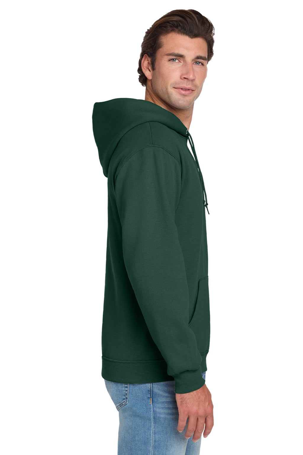 Jerzees 996M/996MR Mens NuBlend Pill Resistant Fleece Hooded Sweatshirt Hoodie w/ Pouch Pocket Forest Green Model Side