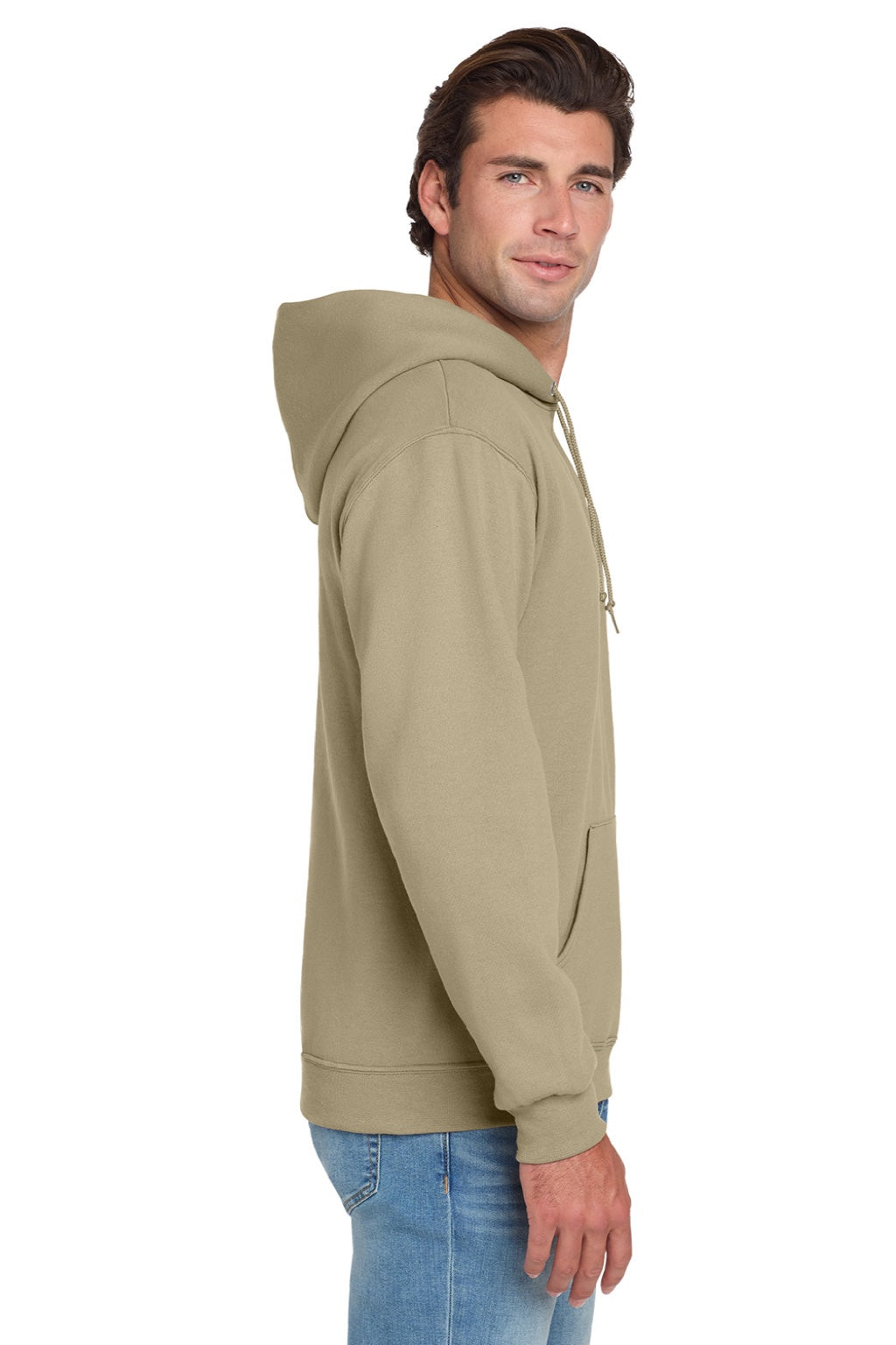 Jerzees 996M/996MR Mens NuBlend Pill Resistant Fleece Hooded Sweatshirt Hoodie w/ Pouch Pocket Khaki Brown Model Side