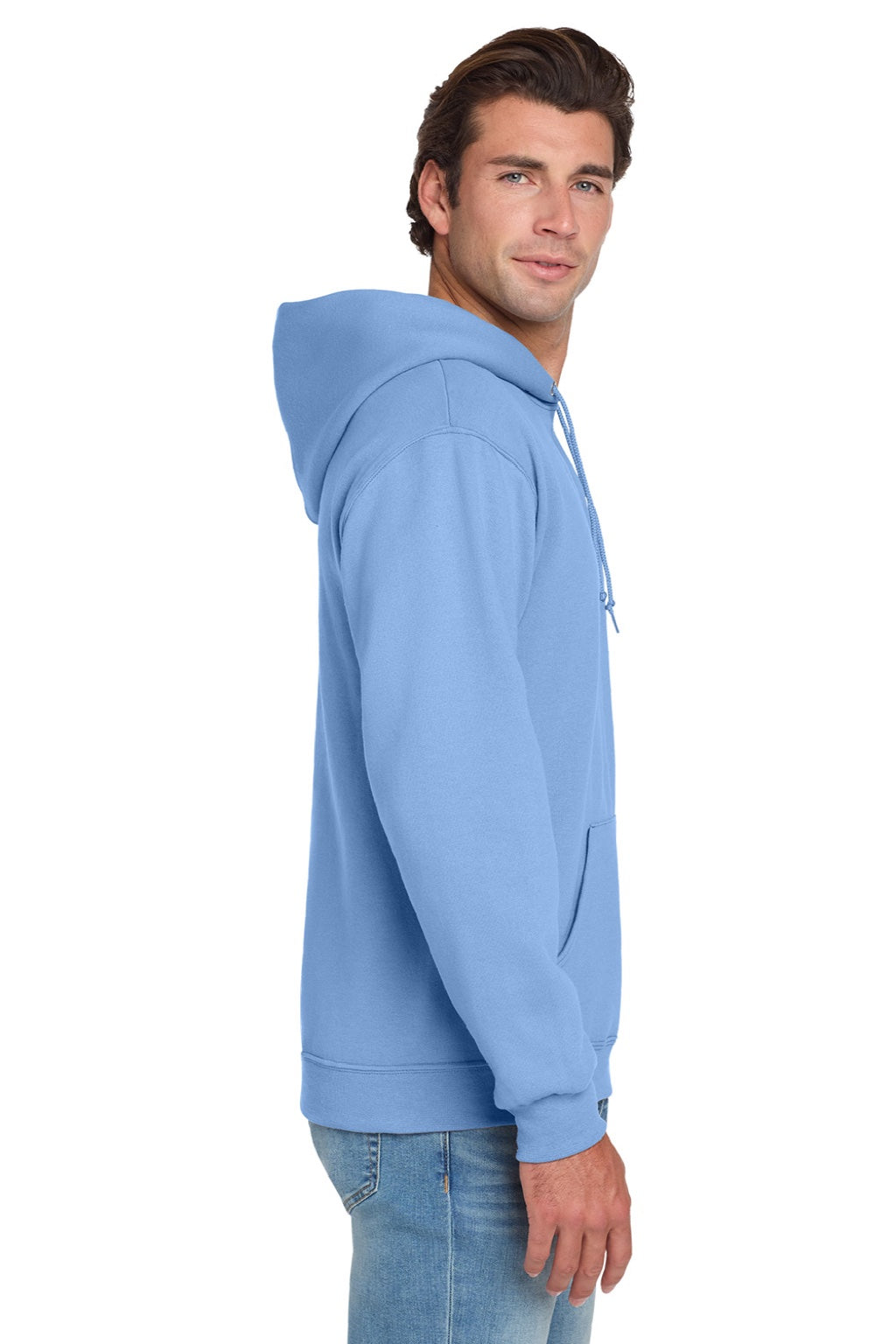 Jerzees 996M/996MR Mens NuBlend Pill Resistant Fleece Hooded Sweatshirt Hoodie w/ Pouch Pocket Light Blue Model Side