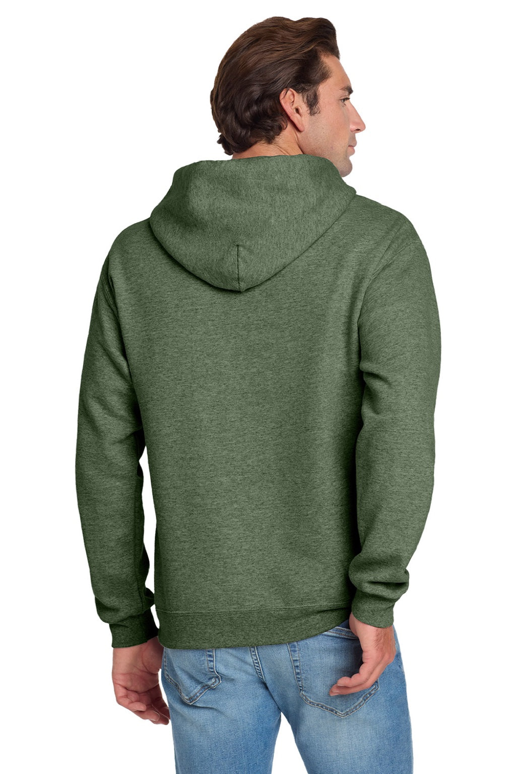 Jerzees 996M/996MR Mens NuBlend Pill Resistant Fleece Hooded Sweatshirt Hoodie w/ Pouch Pocket Heather Military Green Model Back