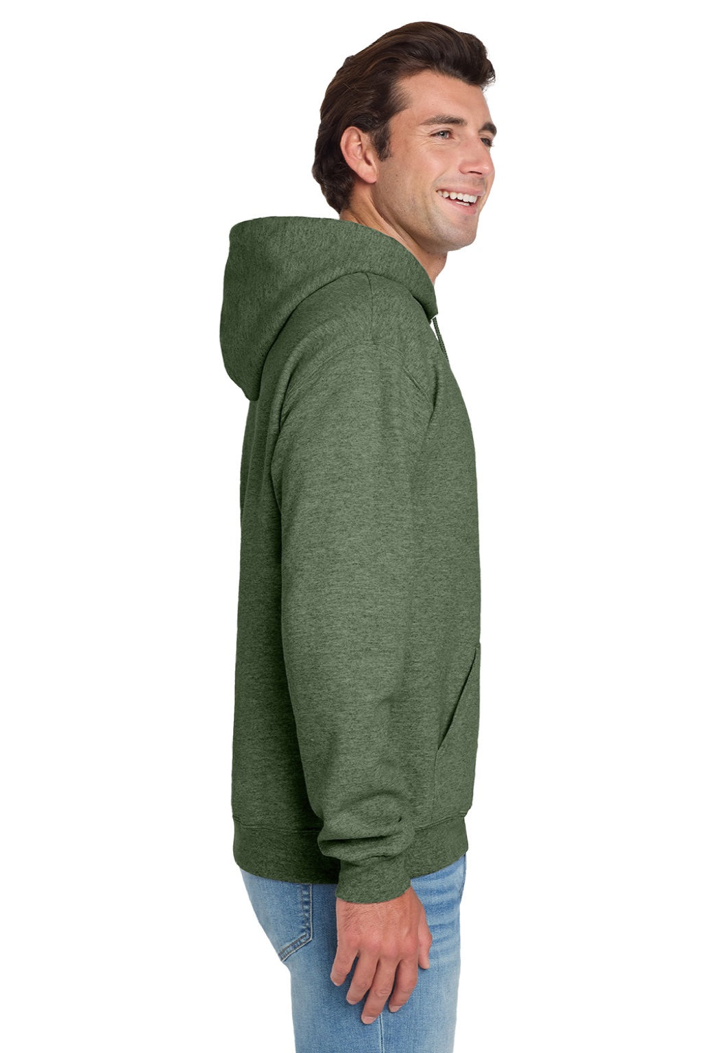 Jerzees 996M/996MR Mens NuBlend Pill Resistant Fleece Hooded Sweatshirt Hoodie w/ Pouch Pocket Heather Military Green Model Side