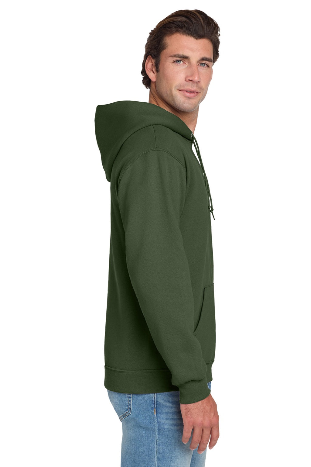 Jerzees 996M/996MR Mens NuBlend Pill Resistant Fleece Hooded Sweatshirt Hoodie w/ Pouch Pocket Military Green Model Side