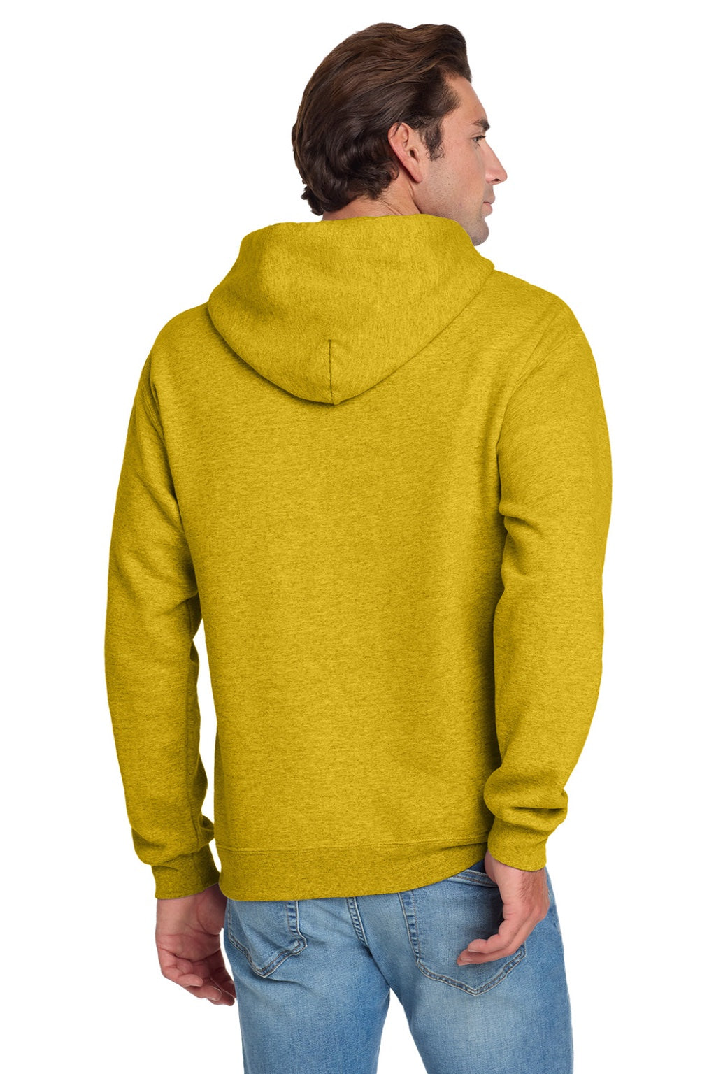Jerzees 996M/996MR Mens NuBlend Pill Resistant Fleece Hooded Sweatshirt Hoodie w/ Pouch Pocket Heather Mustard Yellow Model Back