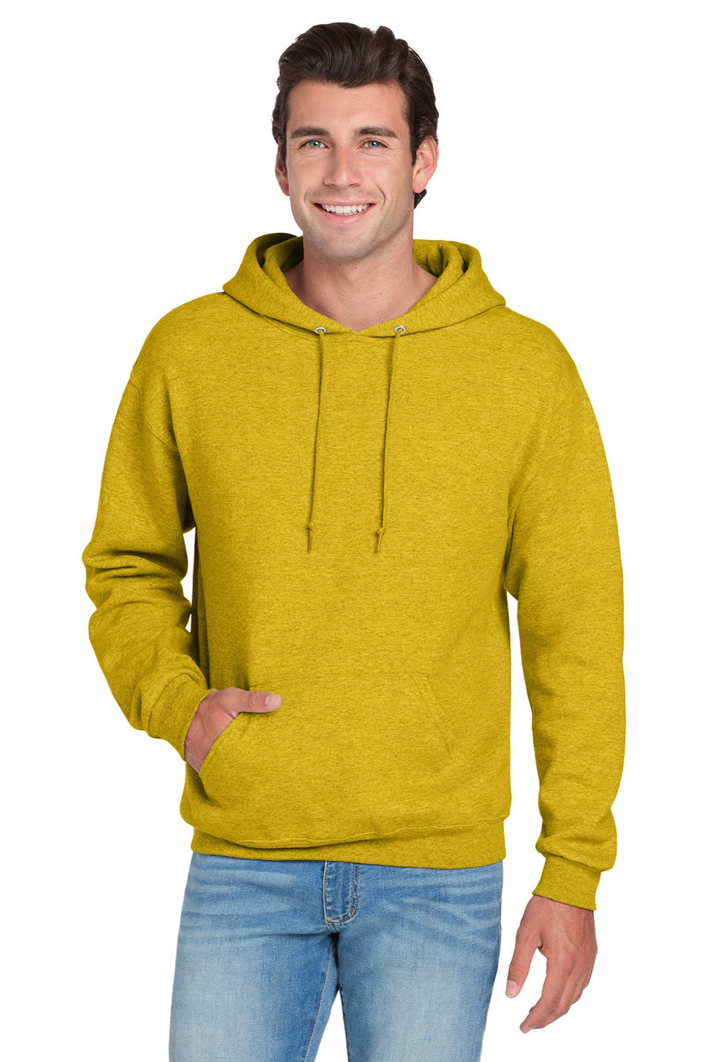 Jerzees 996M/996MR Mens NuBlend Pill Resistant Fleece Hooded Sweatshirt Hoodie w/ Pouch Pocket Heather Mustard Yellow Model Front