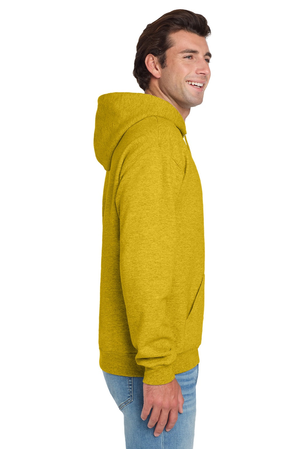 Jerzees 996M/996MR Mens NuBlend Pill Resistant Fleece Hooded Sweatshirt Hoodie w/ Pouch Pocket Heather Mustard Yellow Model Side