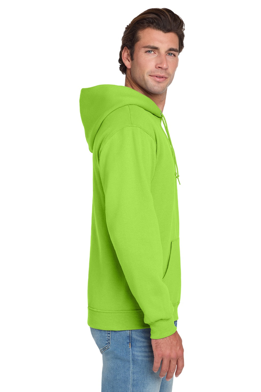 Jerzees 996M/996MR Mens NuBlend Pill Resistant Fleece Hooded Sweatshirt Hoodie w/ Pouch Pocket Neon Green Model Side