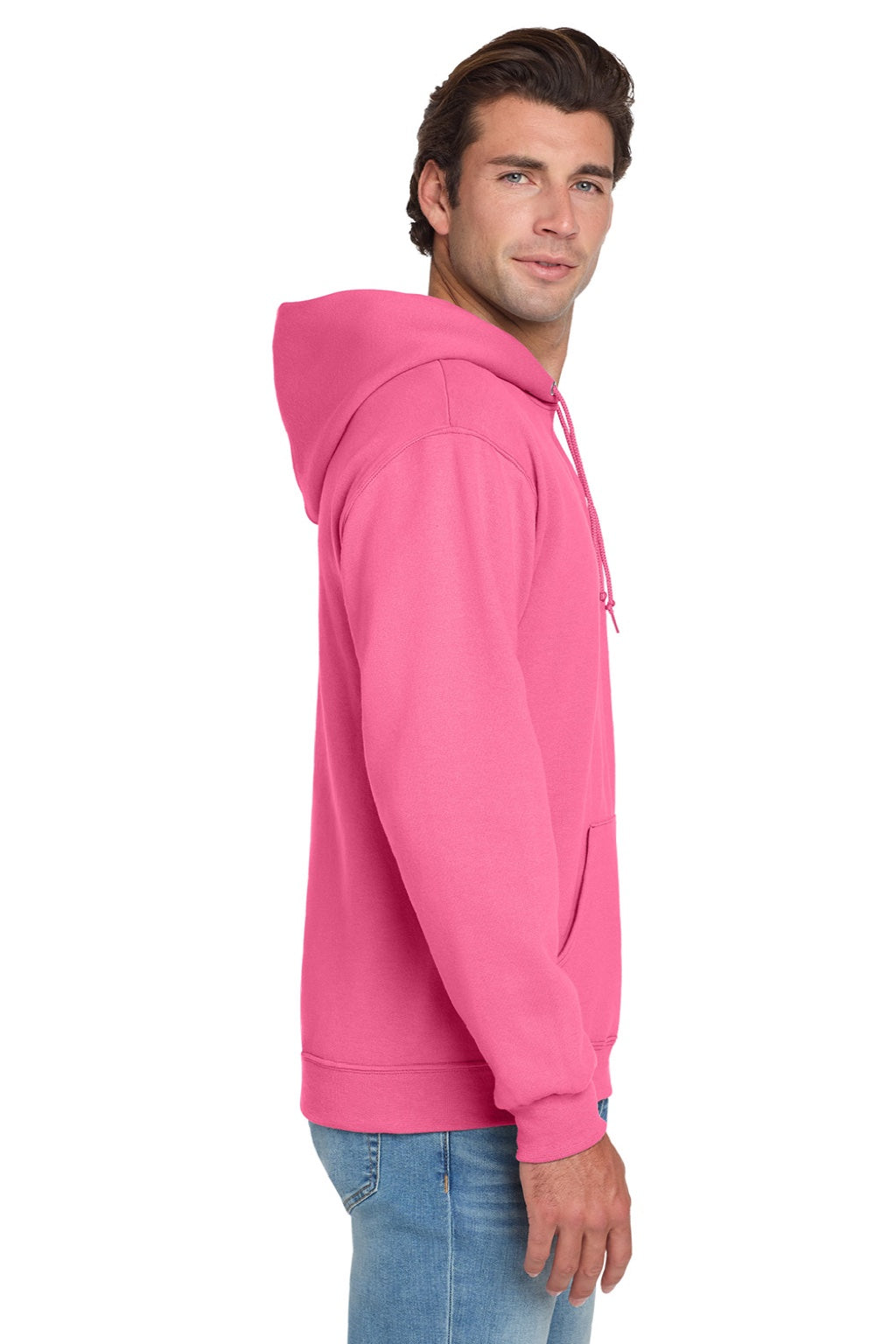 Jerzees 996M/996MR Mens NuBlend Pill Resistant Fleece Hooded Sweatshirt Hoodie w/ Pouch Pocket Neon Pink Model Side
