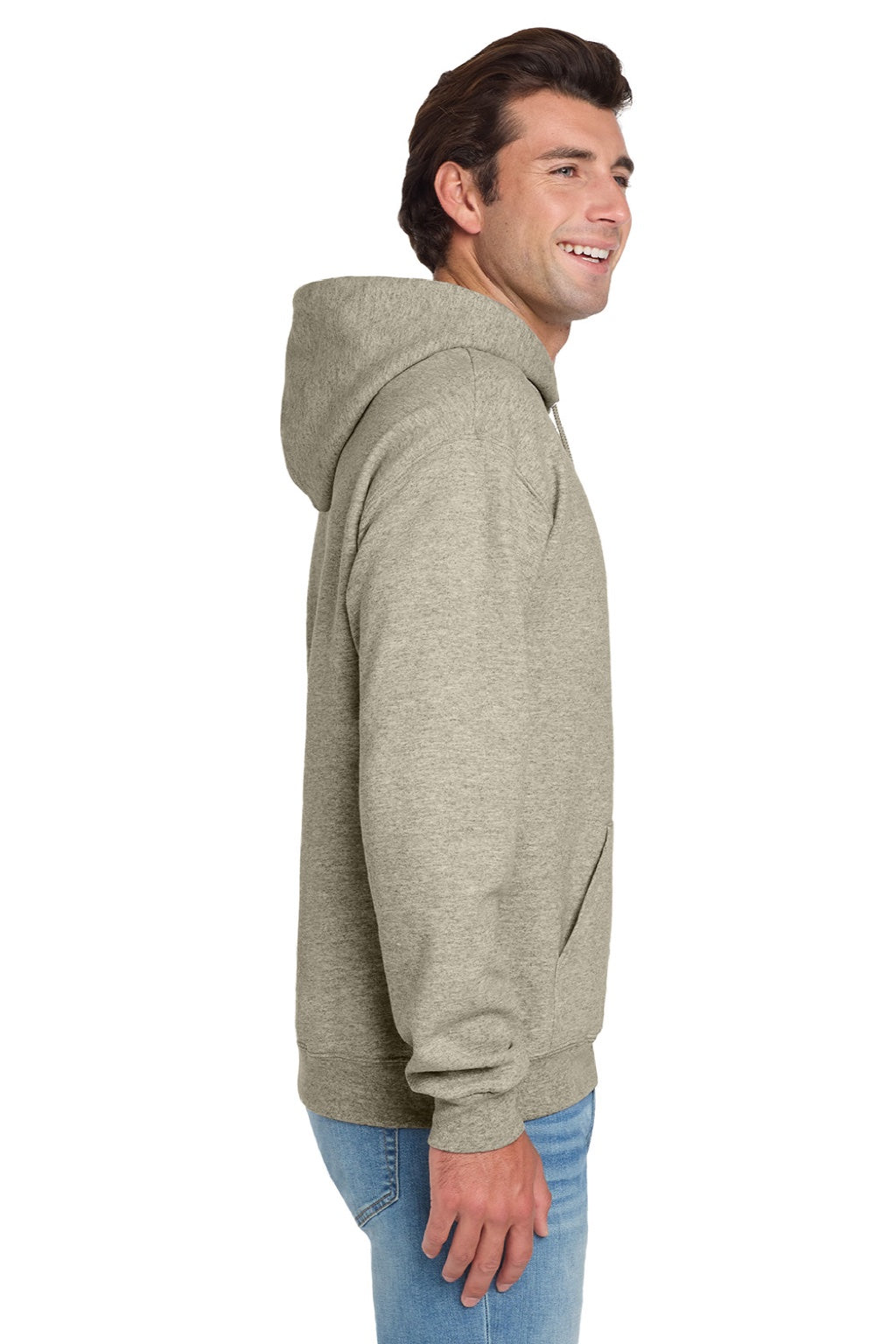 Jerzees 996M/996MR Mens NuBlend Pill Resistant Fleece Hooded Sweatshirt Hoodie w/ Pouch Pocket Heather Oatmeal Model Side