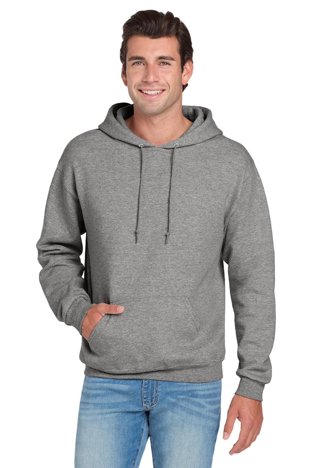 Jerzees 996M/996MR Mens NuBlend Pill Resistant Fleece Hooded Sweatshirt Hoodie w/ Pouch Pocket Oxford Grey Model Front