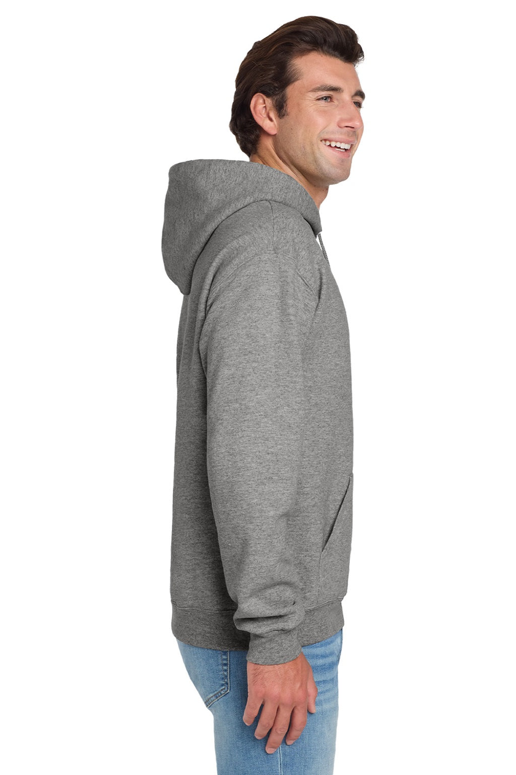 Jerzees 996M/996MR Mens NuBlend Pill Resistant Fleece Hooded Sweatshirt Hoodie w/ Pouch Pocket Oxford Grey Model Side