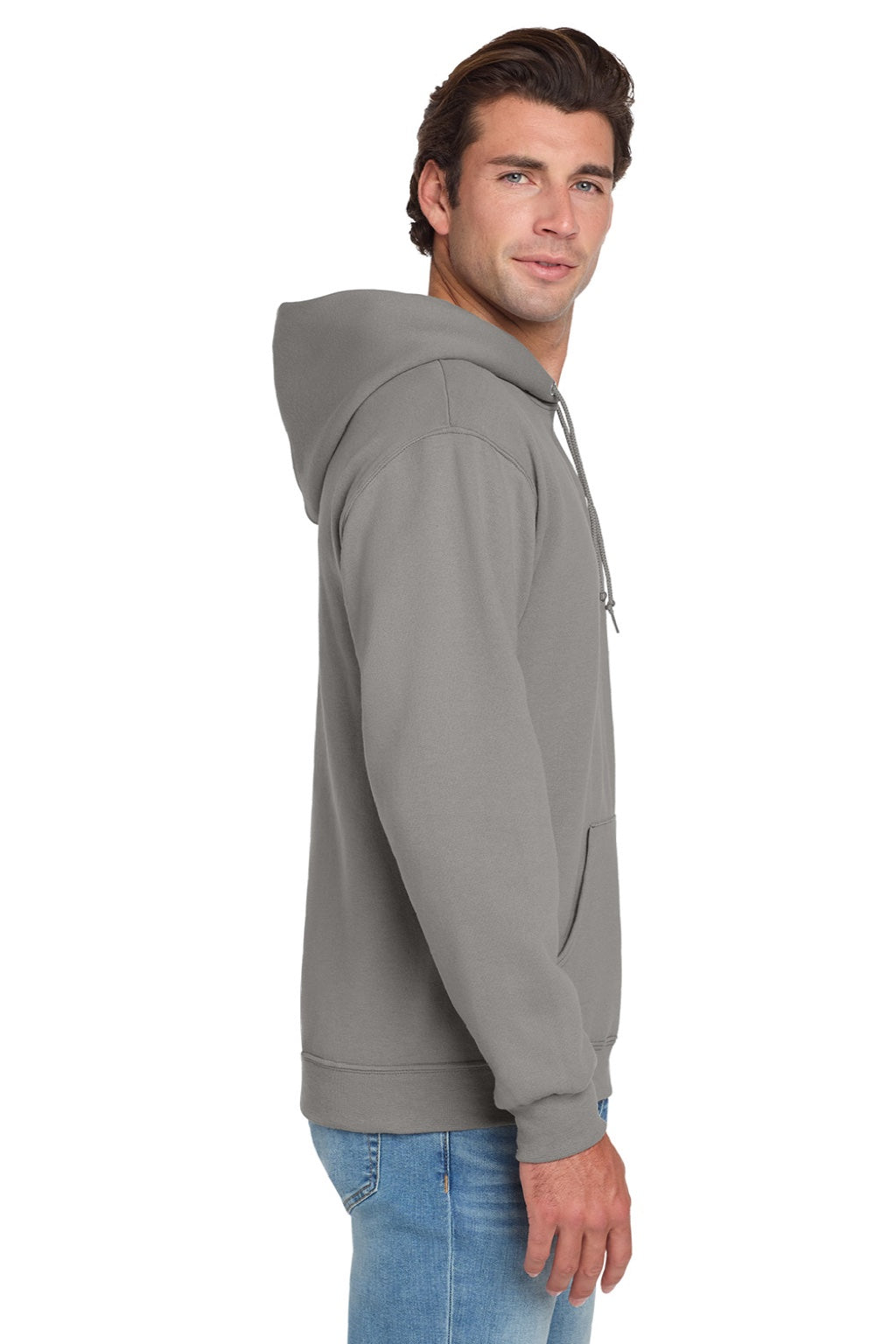 Jerzees 996M/996MR Mens NuBlend Pill Resistant Fleece Hooded Sweatshirt Hoodie w/ Pouch Pocket Rock Grey Model Side