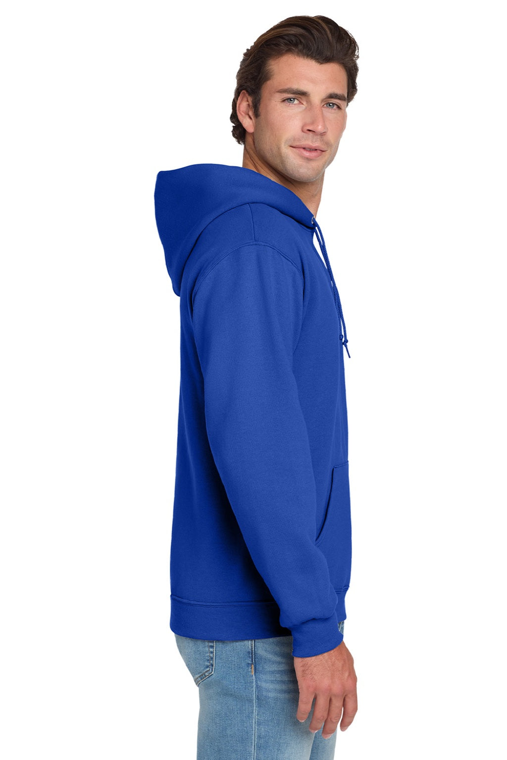 Jerzees 996M/996MR Mens NuBlend Pill Resistant Fleece Hooded Sweatshirt Hoodie w/ Pouch Pocket Royal Blue Model Side
