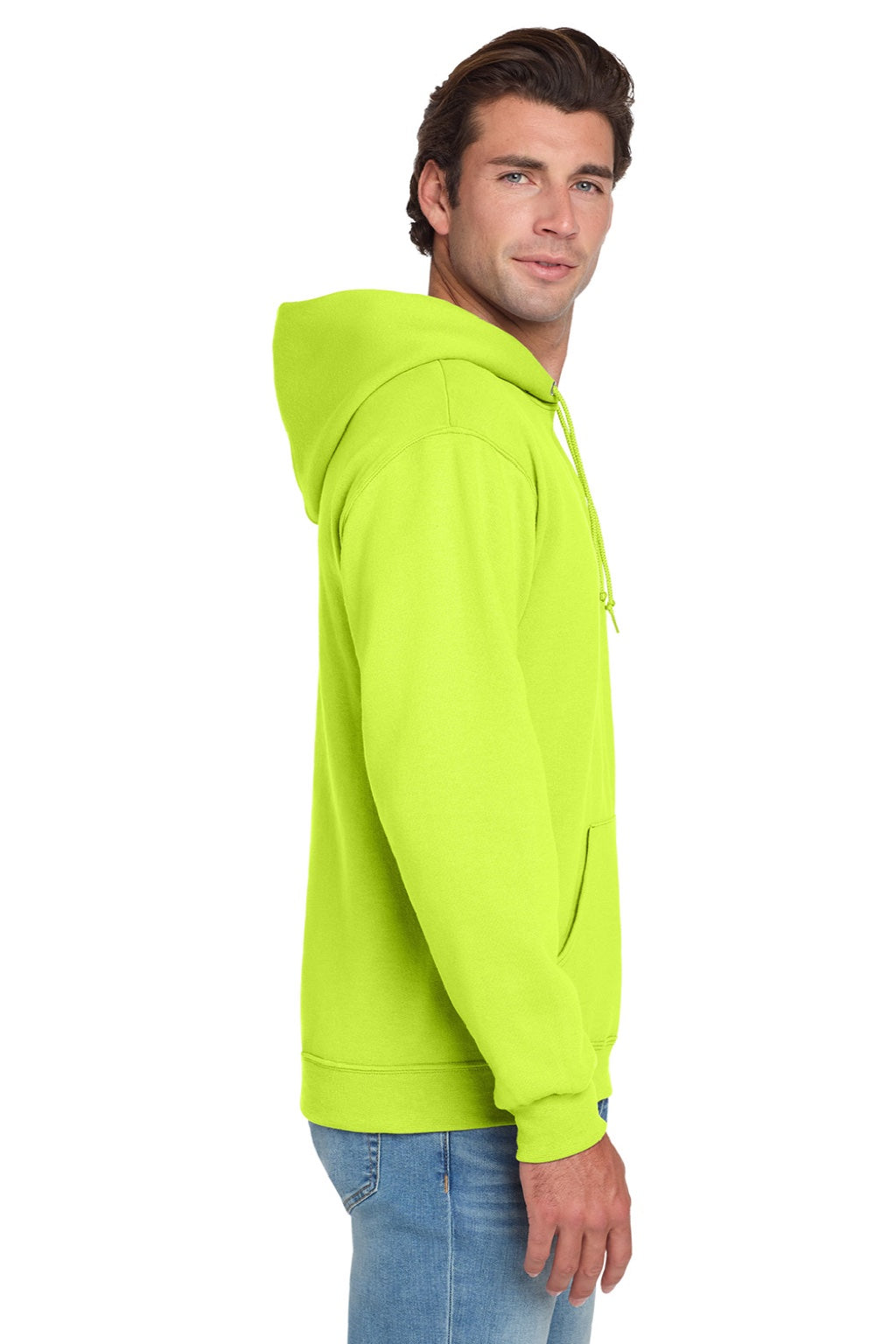 Jerzees 996M/996MR Mens NuBlend Pill Resistant Fleece Hooded Sweatshirt Hoodie w/ Pouch Pocket Safety Green Model Side