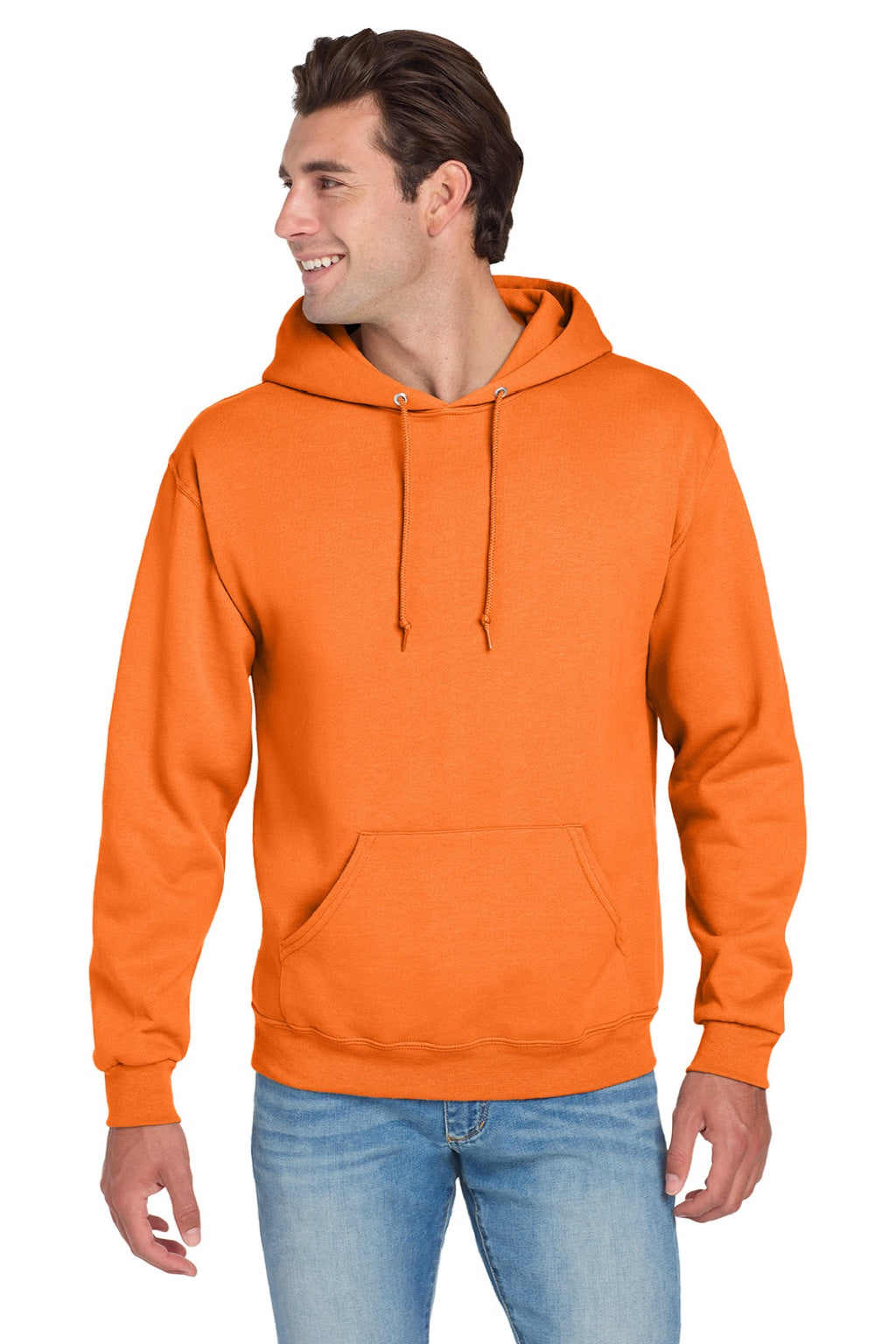 Jerzees 996M/996MR Mens NuBlend Pill Resistant Fleece Hooded Sweatshirt Hoodie w/ Pouch Pocket Safety Orange Model Front