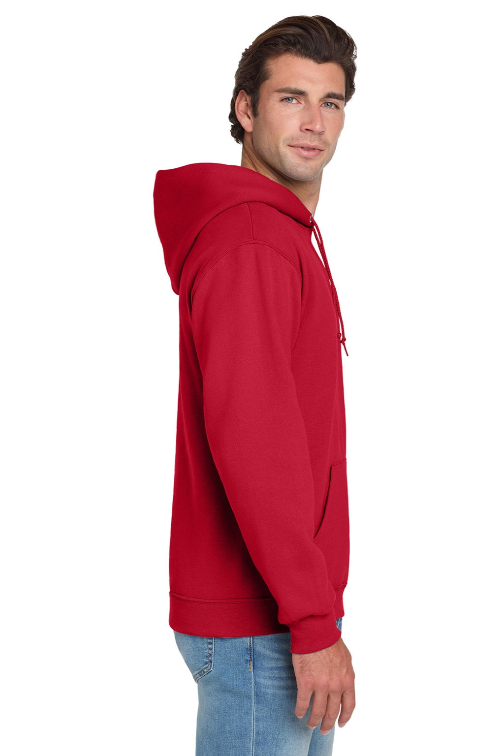 Jerzees 996M/996MR Mens NuBlend Pill Resistant Fleece Hooded Sweatshirt Hoodie w/ Pouch Pocket True Red Model Side