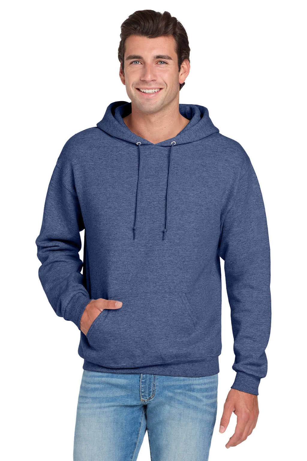 Jerzees 996M/996MR Mens NuBlend Pill Resistant Fleece Hooded Sweatshirt Hoodie w/ Pouch Pocket Vintage Heather Blue Model Front