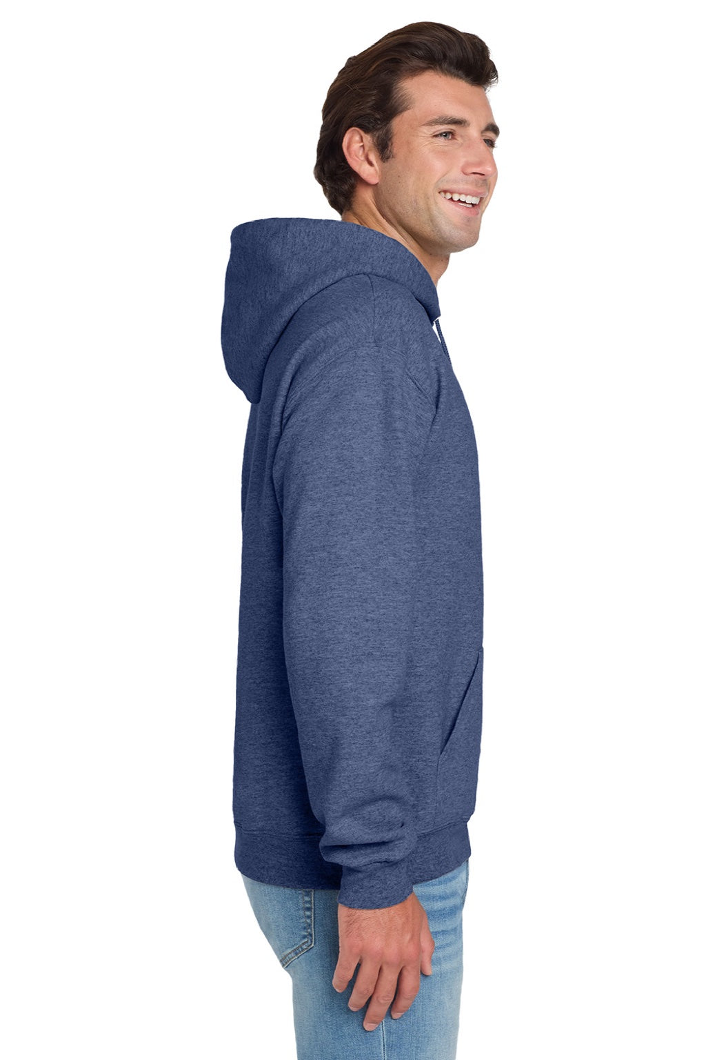 Jerzees 996M/996MR Mens NuBlend Pill Resistant Fleece Hooded Sweatshirt Hoodie w/ Pouch Pocket Vintage Heather Blue Model Side