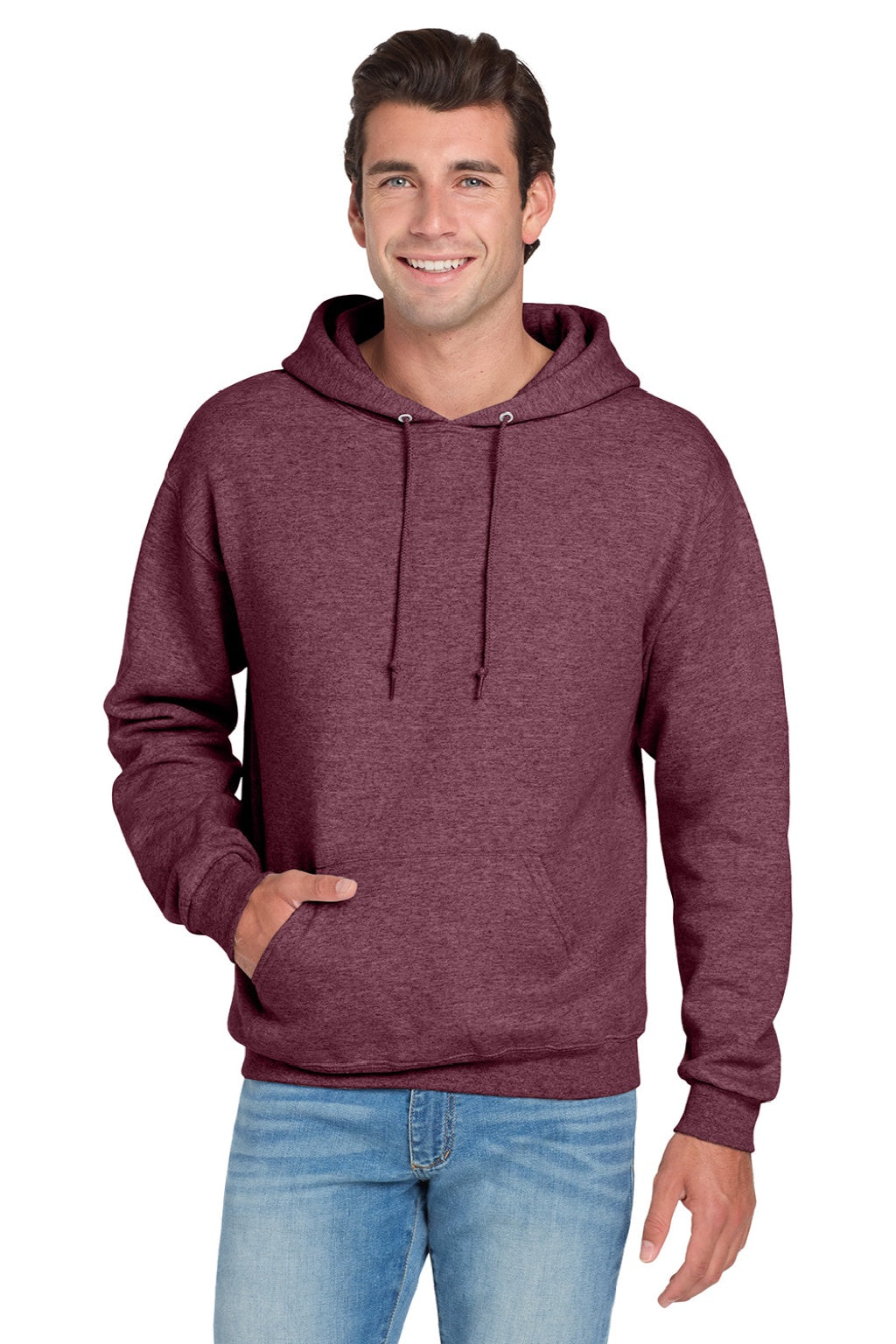 Jerzees 996M/996MR Mens NuBlend Pill Resistant Fleece Hooded Sweatshirt Hoodie w/ Pouch Pocket Vintage Heather Maroon Model Front