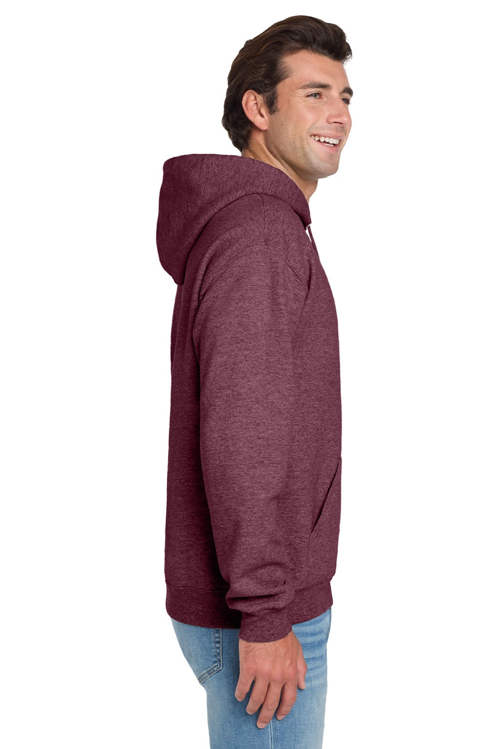 Jerzees 996M/996MR Mens NuBlend Pill Resistant Fleece Hooded Sweatshirt Hoodie w/ Pouch Pocket Vintage Heather Maroon Model Side