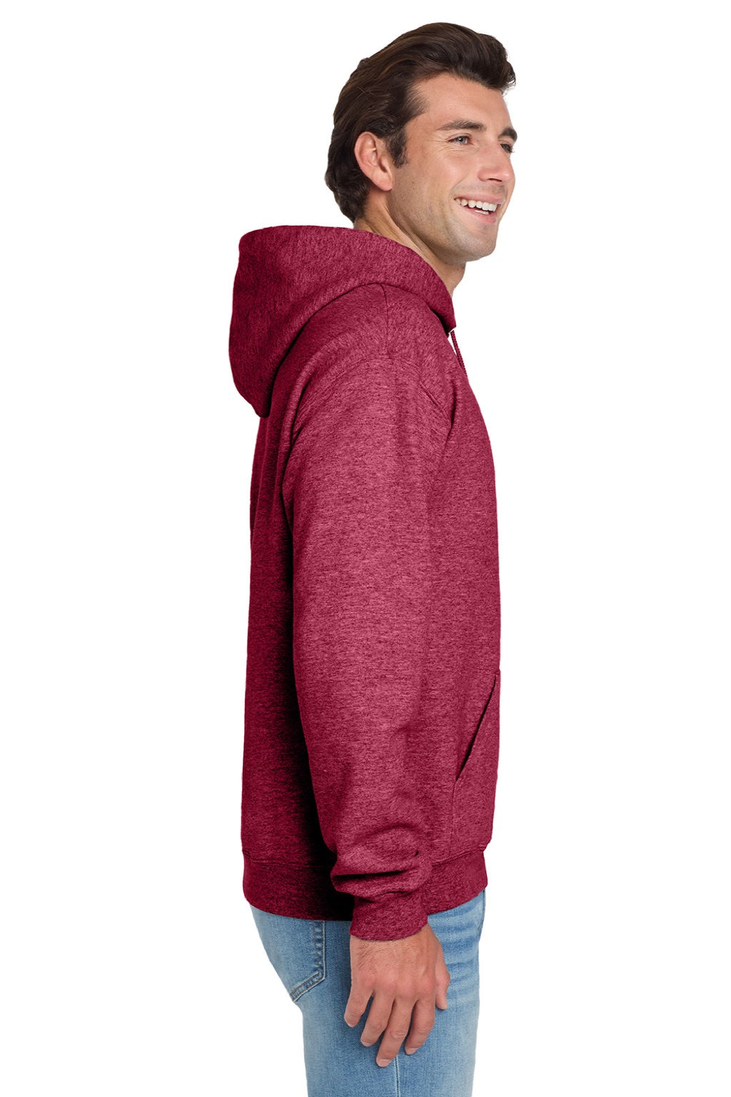 Jerzees 996M/996MR Mens NuBlend Pill Resistant Fleece Hooded Sweatshirt Hoodie w/ Pouch Pocket Vintage Heather Red Model Side