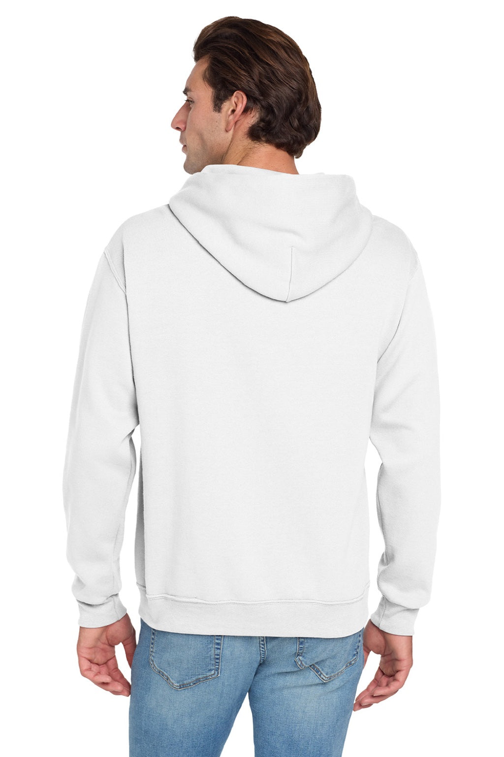 Jerzees 996M/996MR Mens NuBlend Pill Resistant Fleece Hooded Sweatshirt Hoodie w/ Pouch Pocket White Model Back