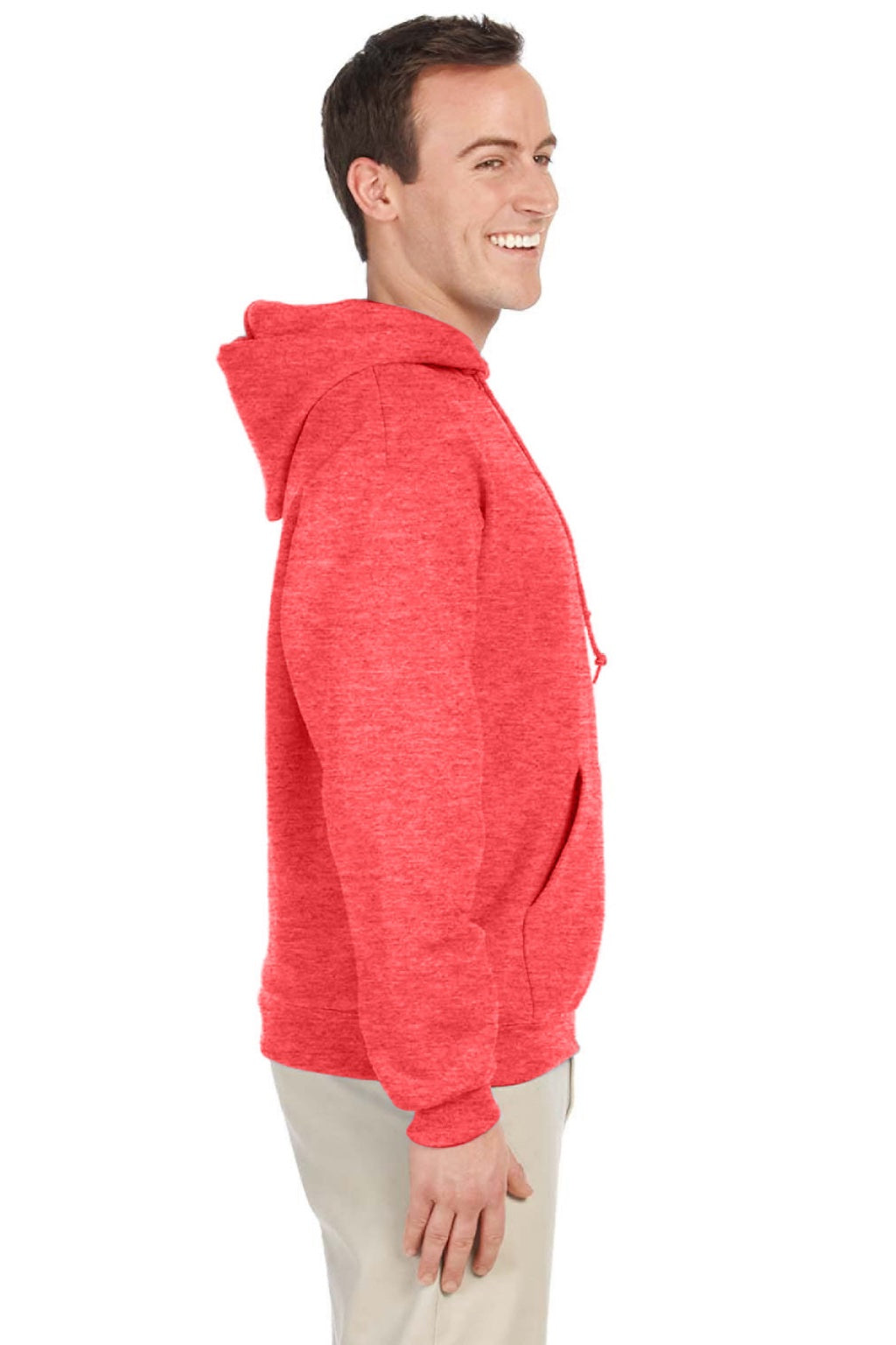 Jerzees 996M/996MR Mens NuBlend Pill Resistant Fleece Hooded Sweatshirt Hoodie w/ Pouch Pocket Heather Retro Coral Model Side