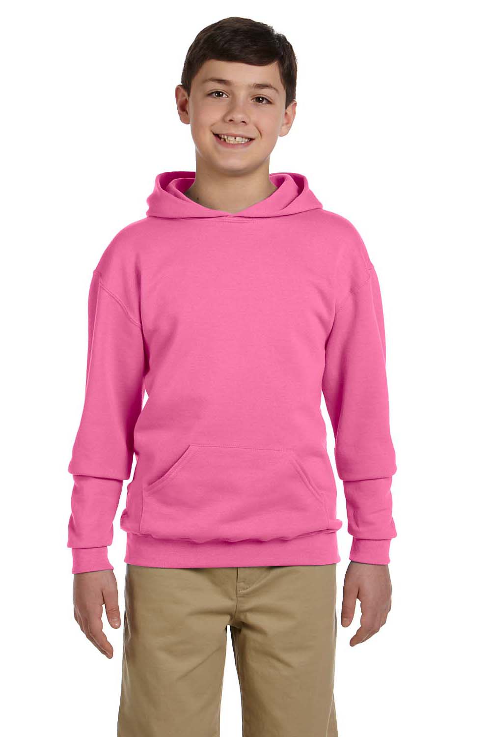 Jerzees 996Y/996YR Youth NuBlend Pill Resistant Fleece Hooded Sweatshirt Hoodie w/ Pouch Pocket Neon Pink Model Front