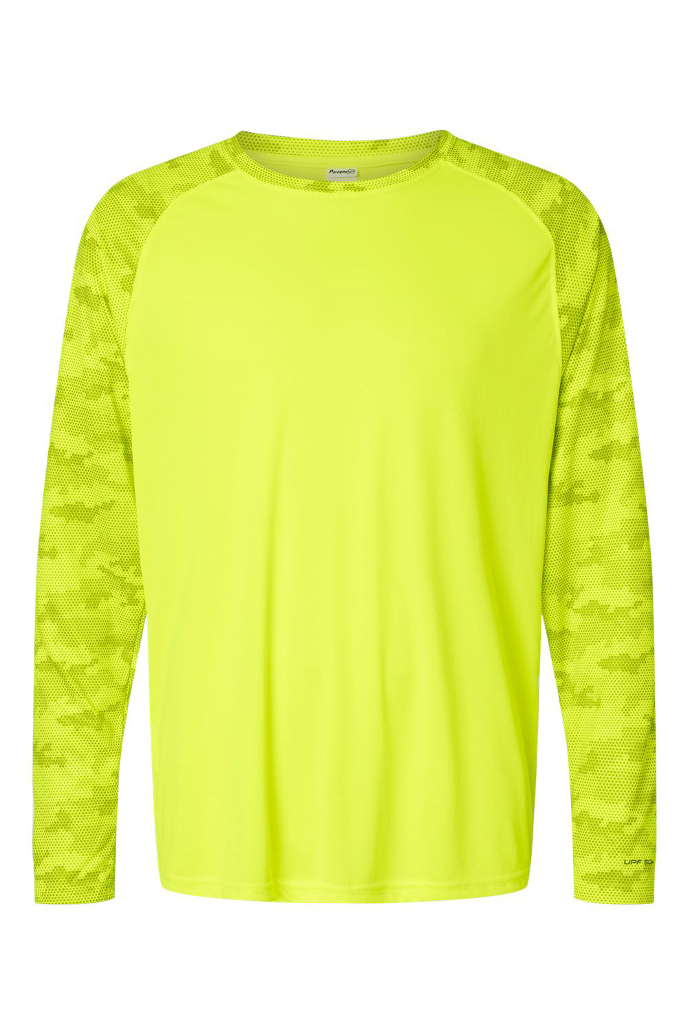 Paragon 216 Mens Cayman Performance Moisture Wicking Camo Colorblock Long Sleeve Crewneck T-Shirt Safety Green Flat Front
