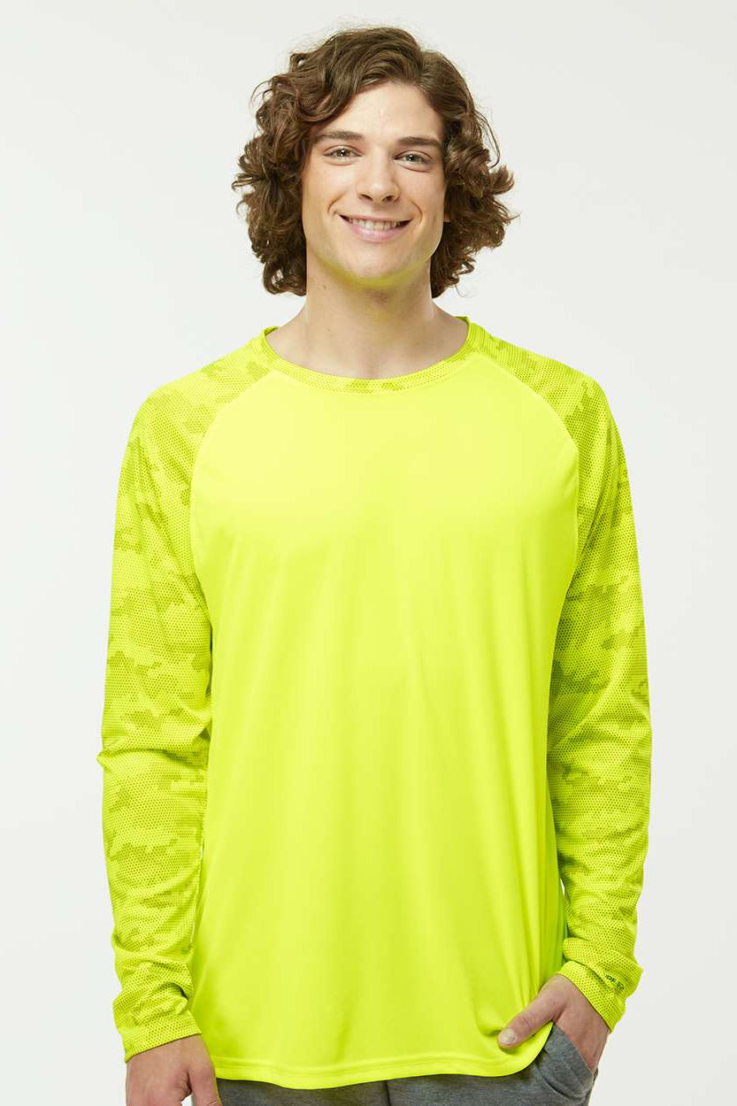 Paragon 216 Mens Cayman Performance Moisture Wicking Camo Colorblock Long Sleeve Crewneck T-Shirt Safety Green Model Front