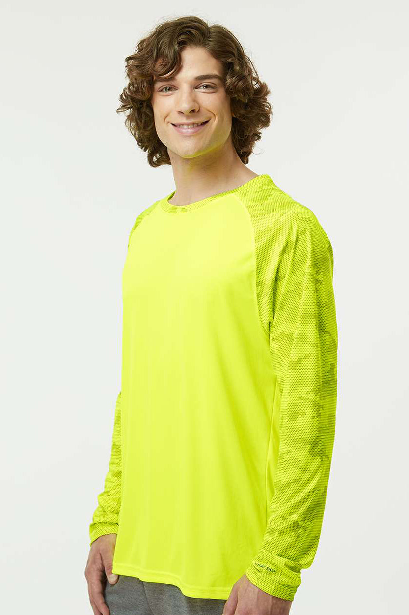 Paragon 216 Mens Cayman Performance Moisture Wicking Camo Colorblock Long Sleeve Crewneck T-Shirt Safety Green Model Side