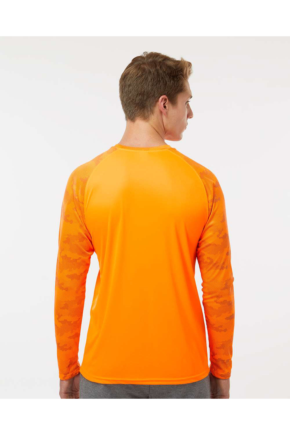 Paragon 216 Mens Cayman Performance Camo Colorblocked Long Sleeve Crewneck T-Shirt Neon Orange Model Back