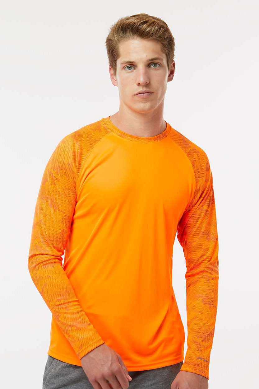 Paragon 216 Mens Cayman Performance Moisture Wicking Camo Colorblock Long Sleeve Crewneck T-Shirt Neon Orange Model Front