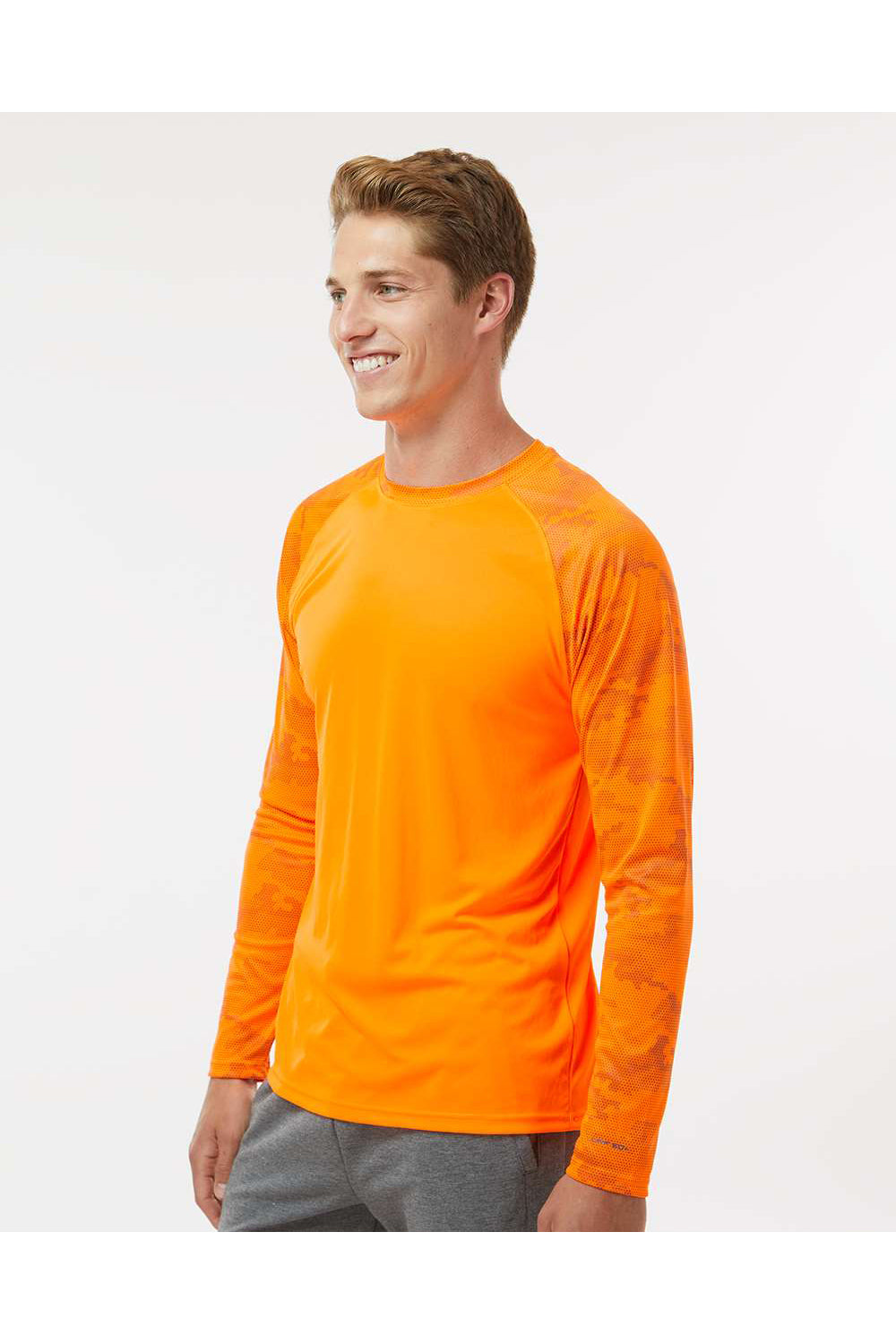 Paragon 216 Mens Cayman Performance Camo Colorblocked Long Sleeve Crewneck T-Shirt Neon Orange Model Side