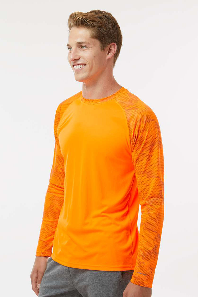 Paragon 216 Mens Cayman Performance Moisture Wicking Camo Colorblock Long Sleeve Crewneck T-Shirt Neon Orange Model Side