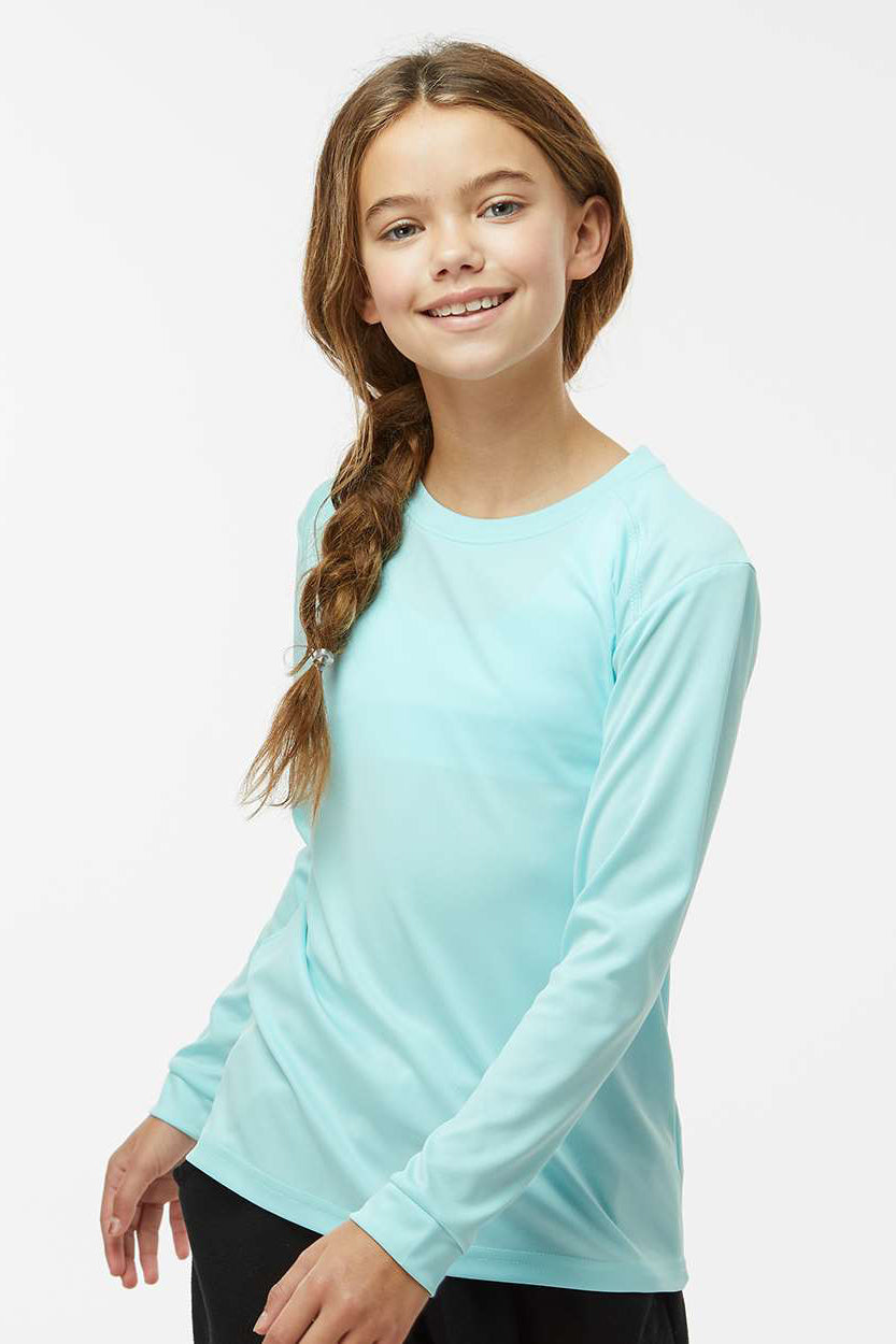 Paragon 218Y Youth Islander Performance Moisture Wicking Long Sleeve Crewneck T-Shirt Aqua Blue Model Front