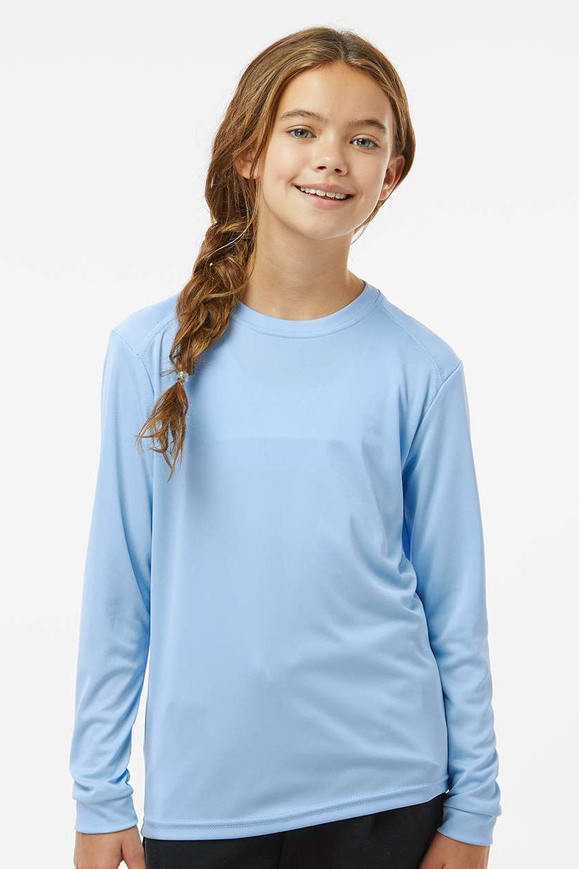 Paragon 218Y Youth Islander Performance Moisture Wicking Long Sleeve Crewneck T-Shirt Blue Mist Model Front