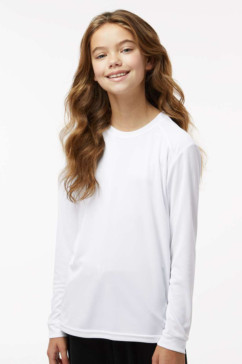 Paragon 218Y Youth Islander Performance Moisture Wicking Long Sleeve Crewneck T-Shirt White Model Front