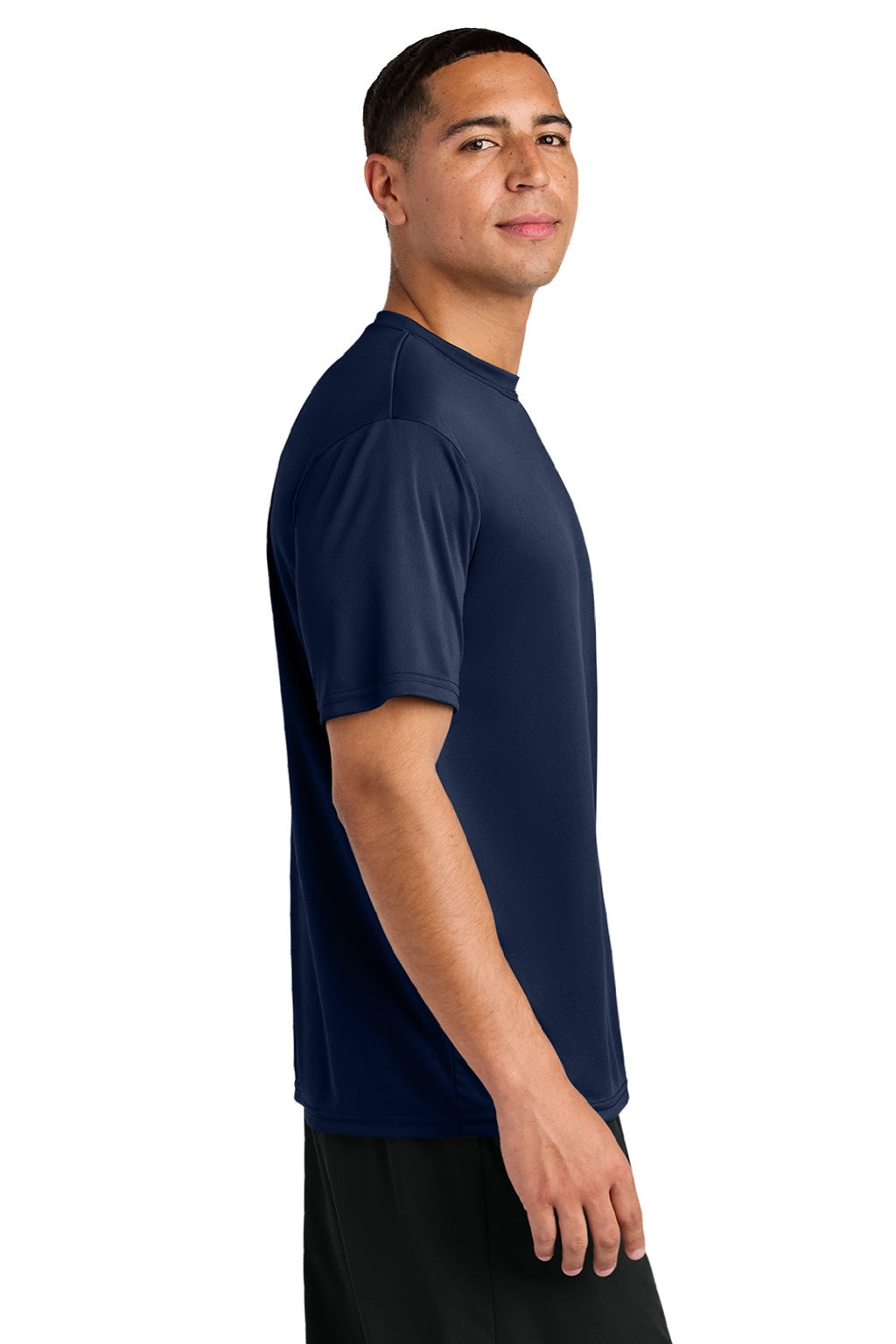A4 A4N3142 Mens Performance Moisture Wicking Short Sleeve Crewneck T-Shirt Navy Blue Model Side